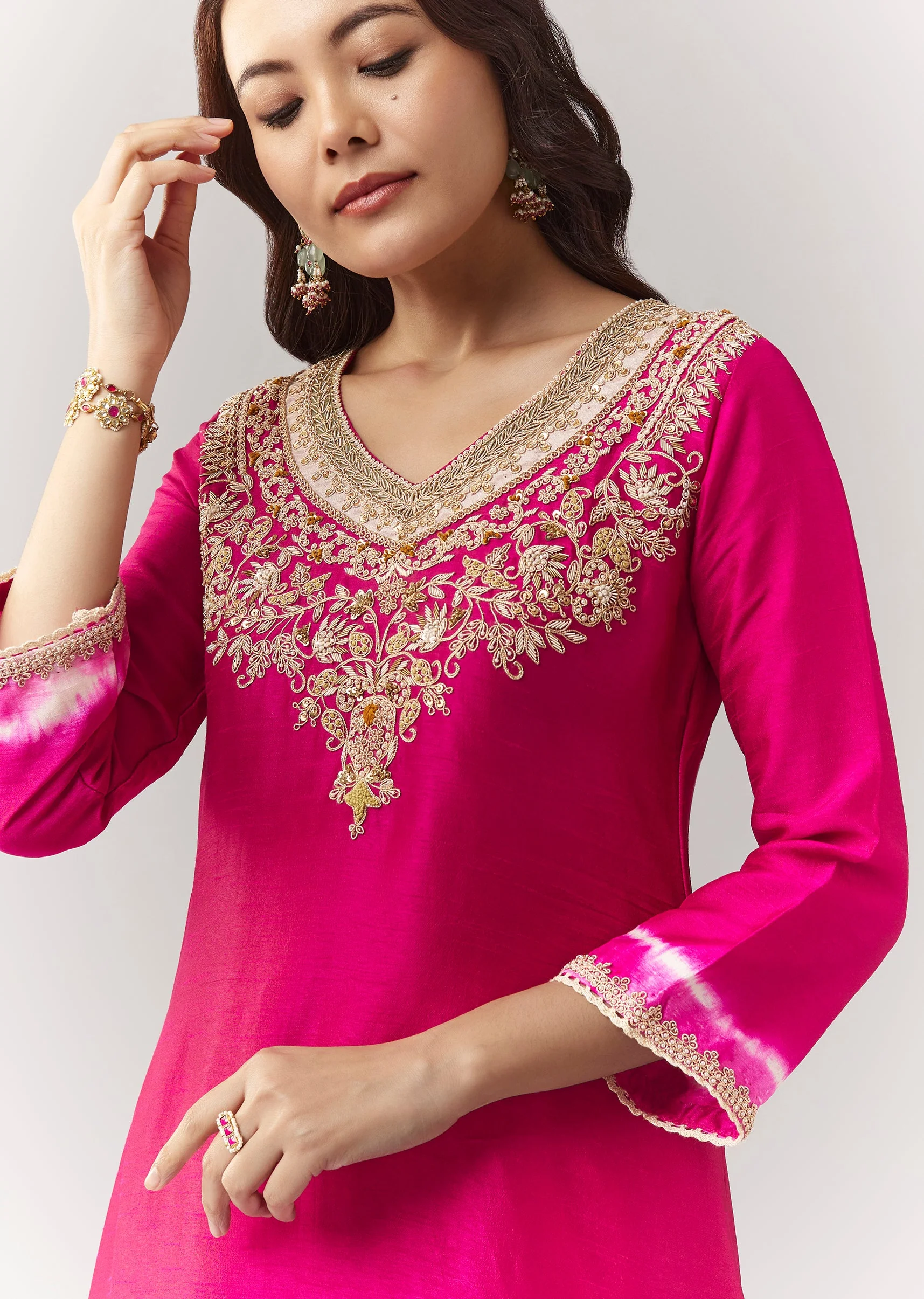 Pink Zardosi Kurta Straight Pant Coord With Leheriya Border - Image 2