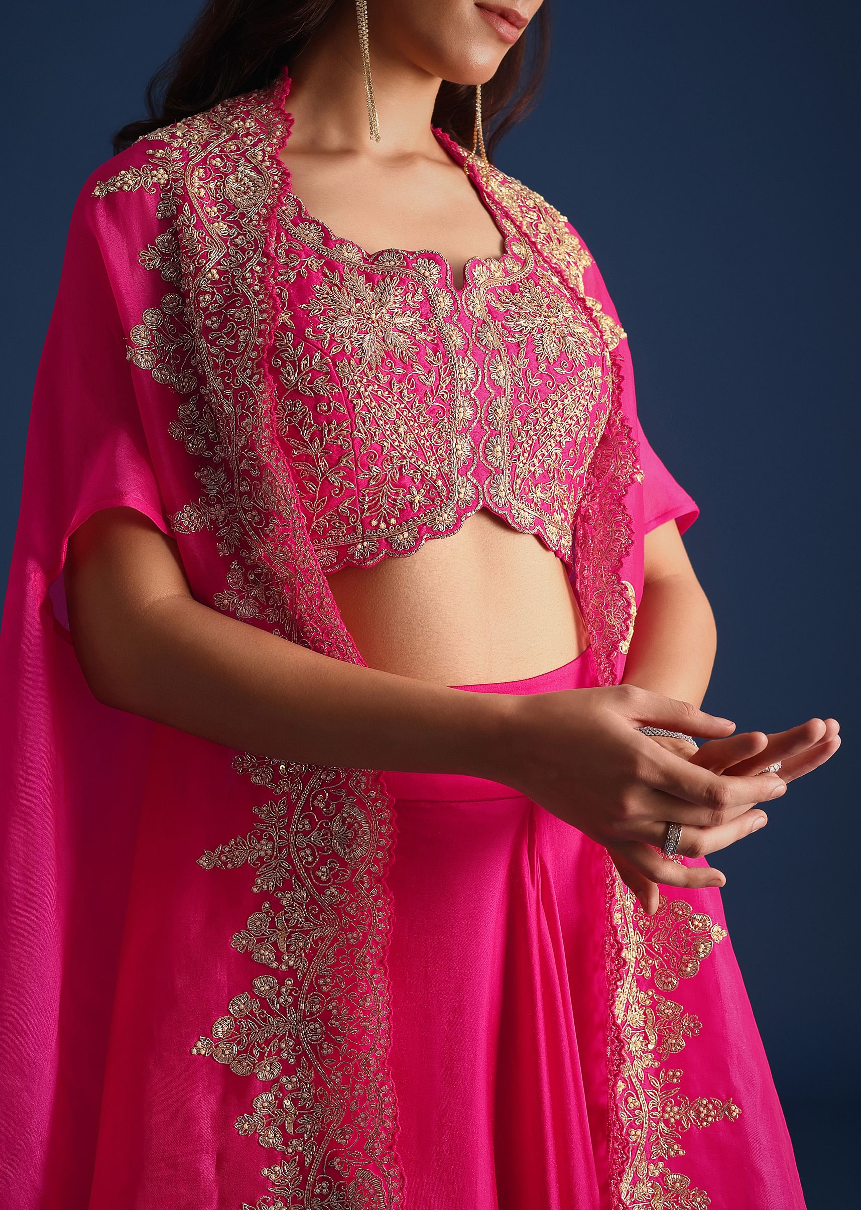 Pink Zardozi Embroidered Jacket With Skirt And Crop Top - Image 3