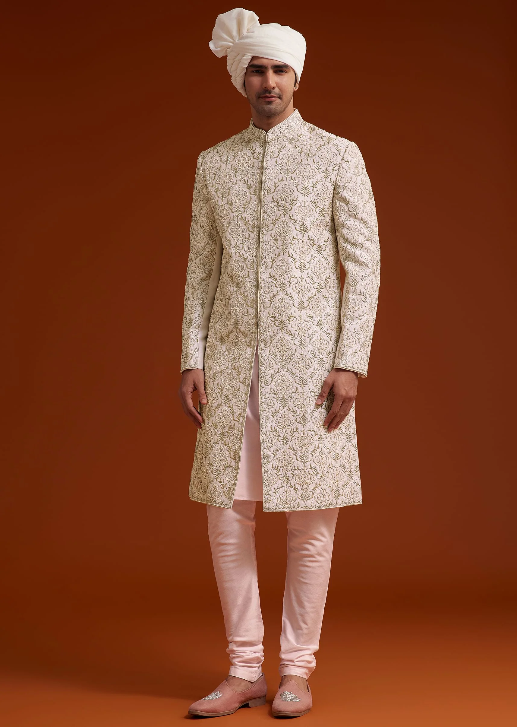 Pink Zari Pearl and Resham Embroidered Sherwani Set - Image 2