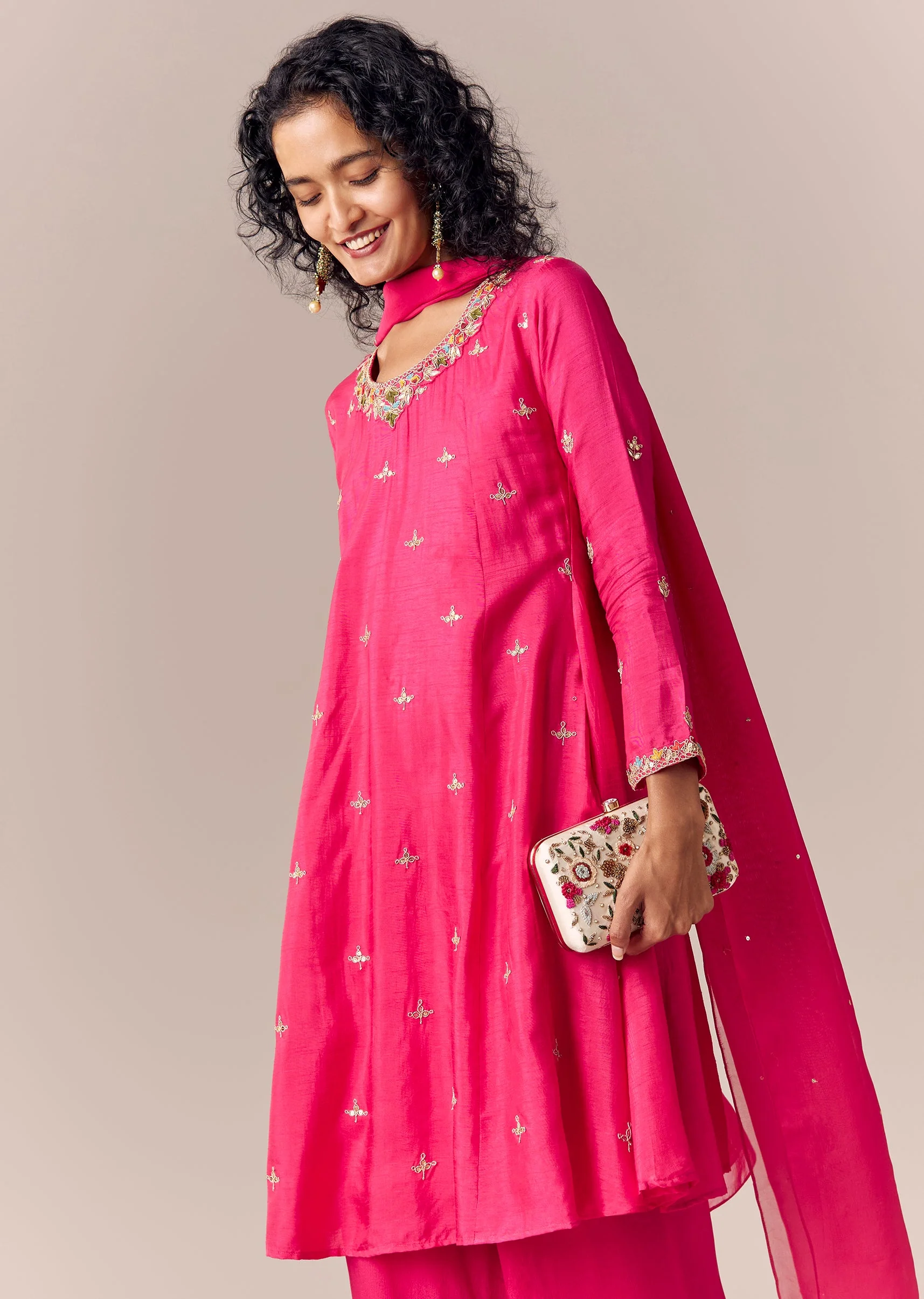 Pink Zari Work Anarkali Palazzo Set With Dupatta - Image 4