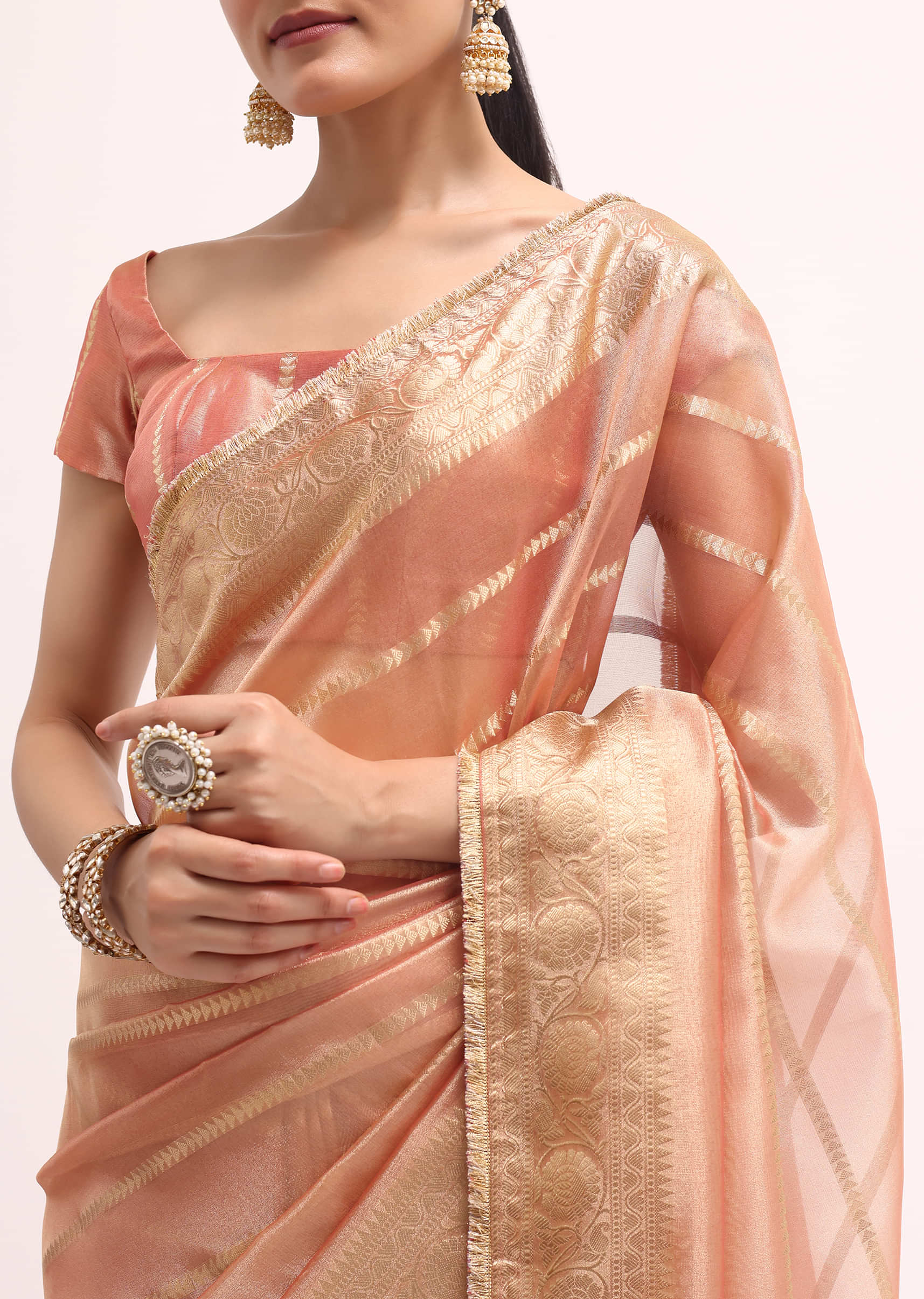 Pinkish Gold Zari Chanderi Silk Saree With Unstitched Border - Image 5