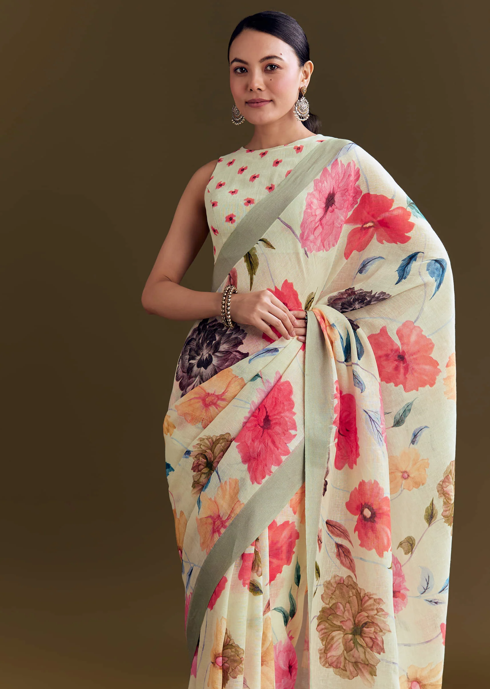 Pista Cotton Linen Saree With Multicolor Florals