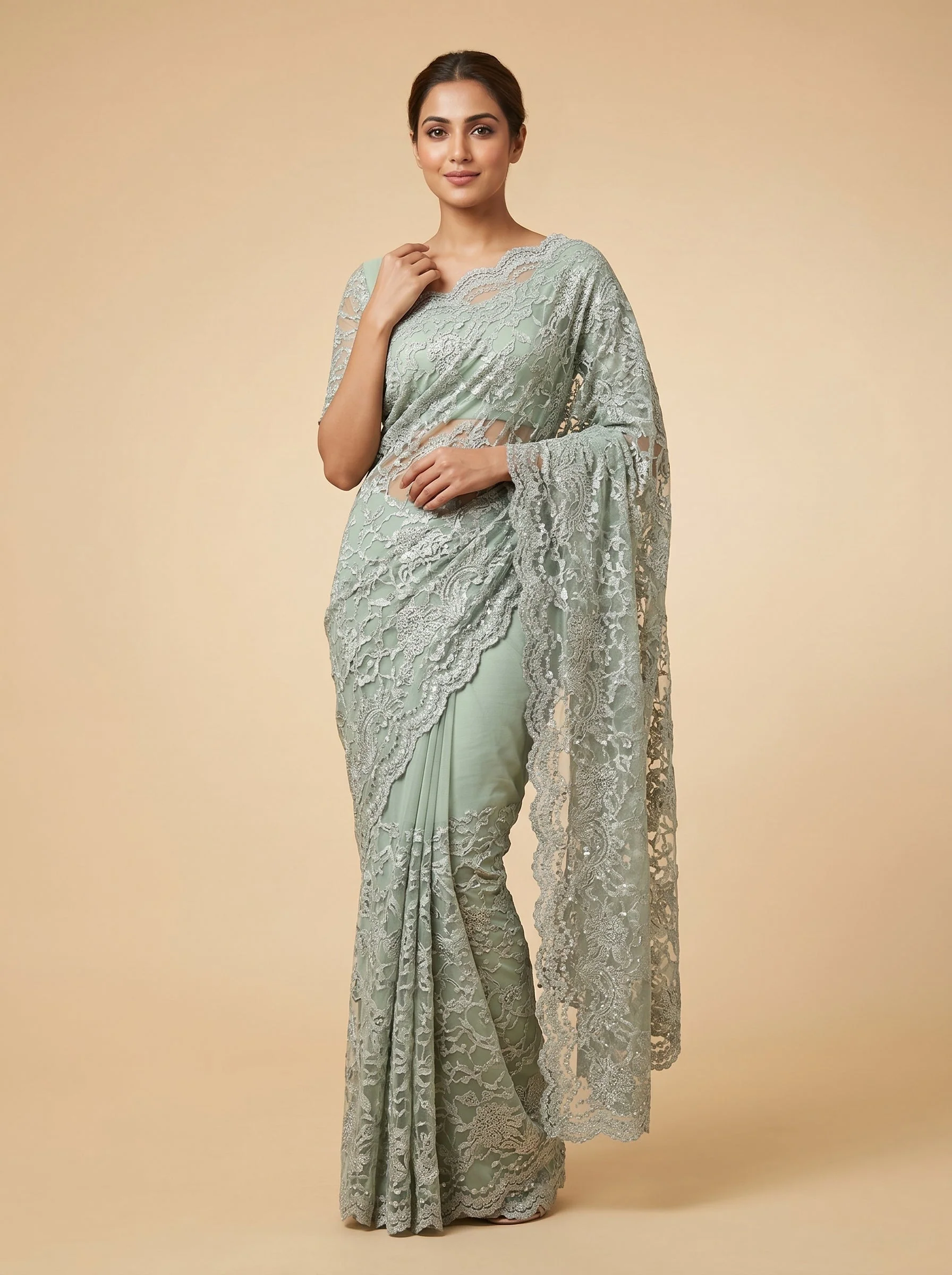 Pista Fresh Glow Embroidered Saree