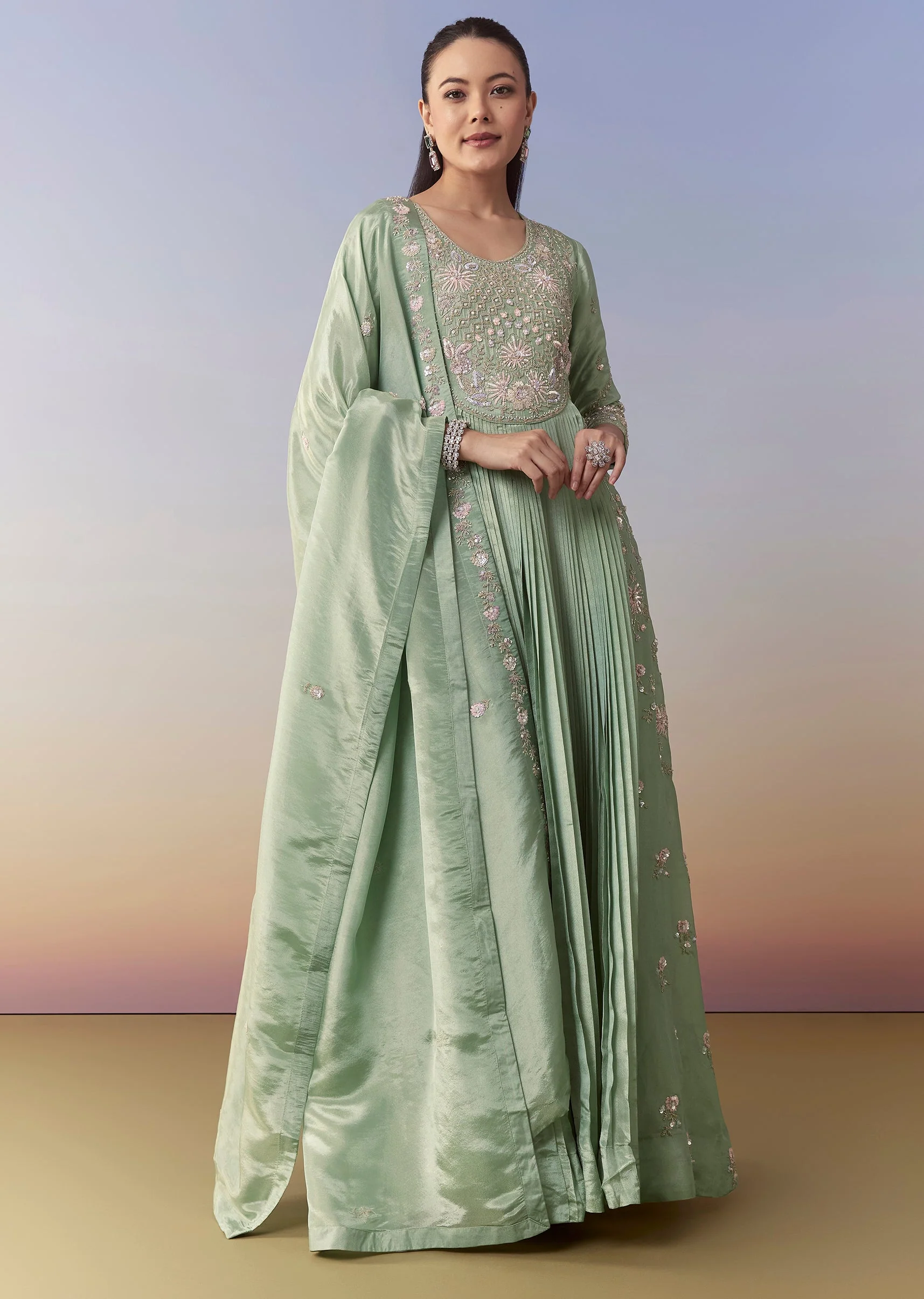 Pista Green Anarkali Set with Front Pleats - Image 3