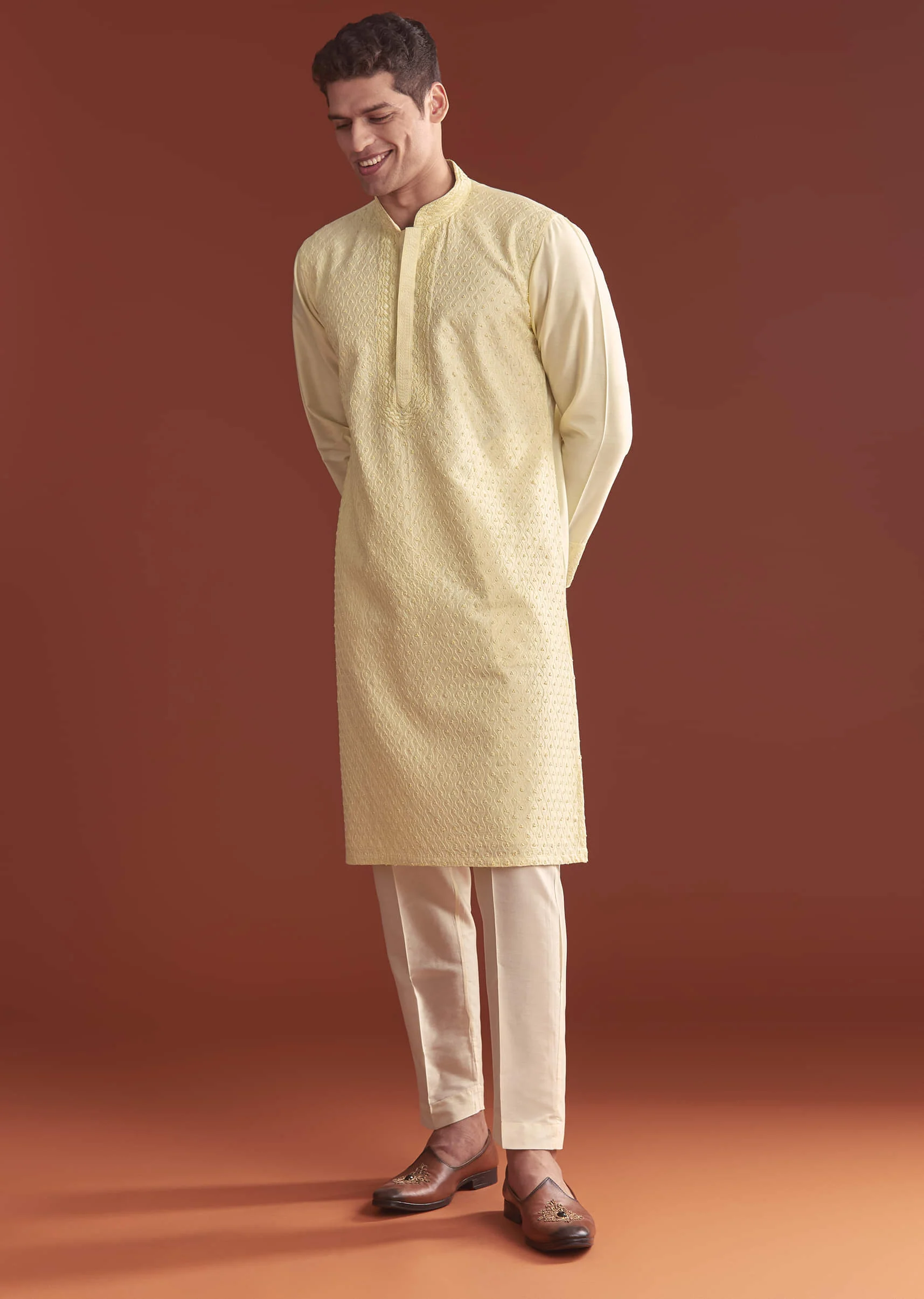 Pista Green Banarasi Silk Kurta Set For Men With Intricate Embroidery - Image 4