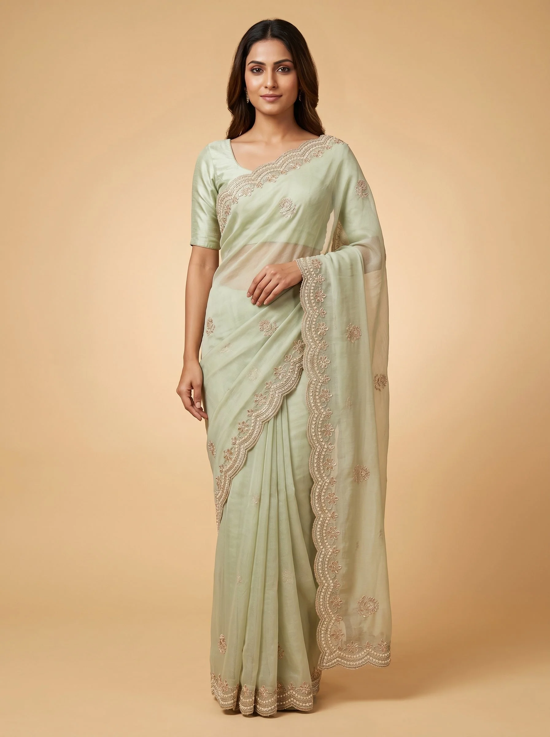 Pista Green Delicate Embroidered Saree