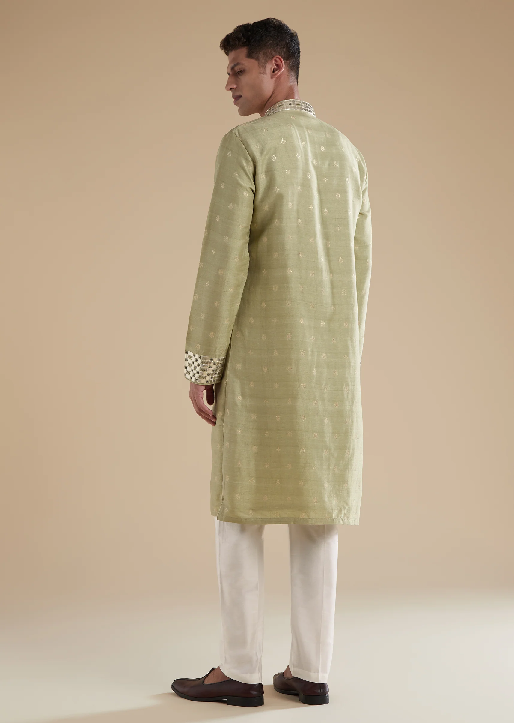 Pista Green Eid Pairing – Mirror Work Sharara Set For Her And Olive Silk Embellished Kurta Set For Him - Image 11