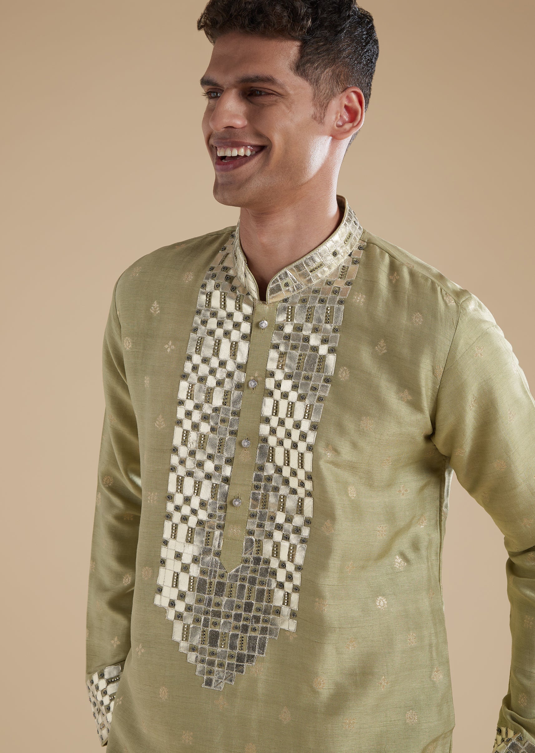Pista Green Eid Pairing – Mirror Work Sharara Set For Her And Olive Silk Embellished Kurta Set For Him - Image 7