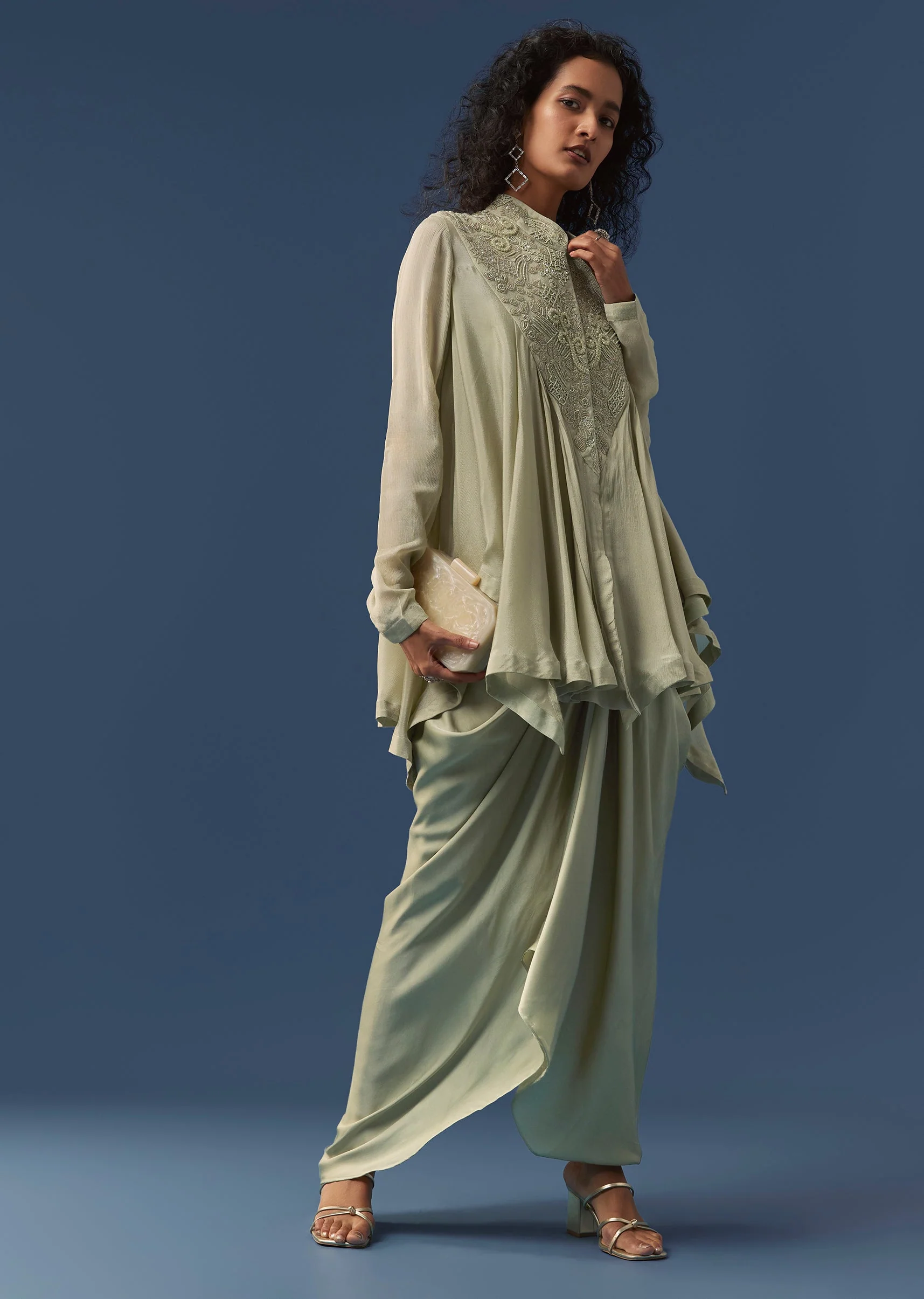 Pista Green Embellished Cape Style Top and Skirt Set - Image 2