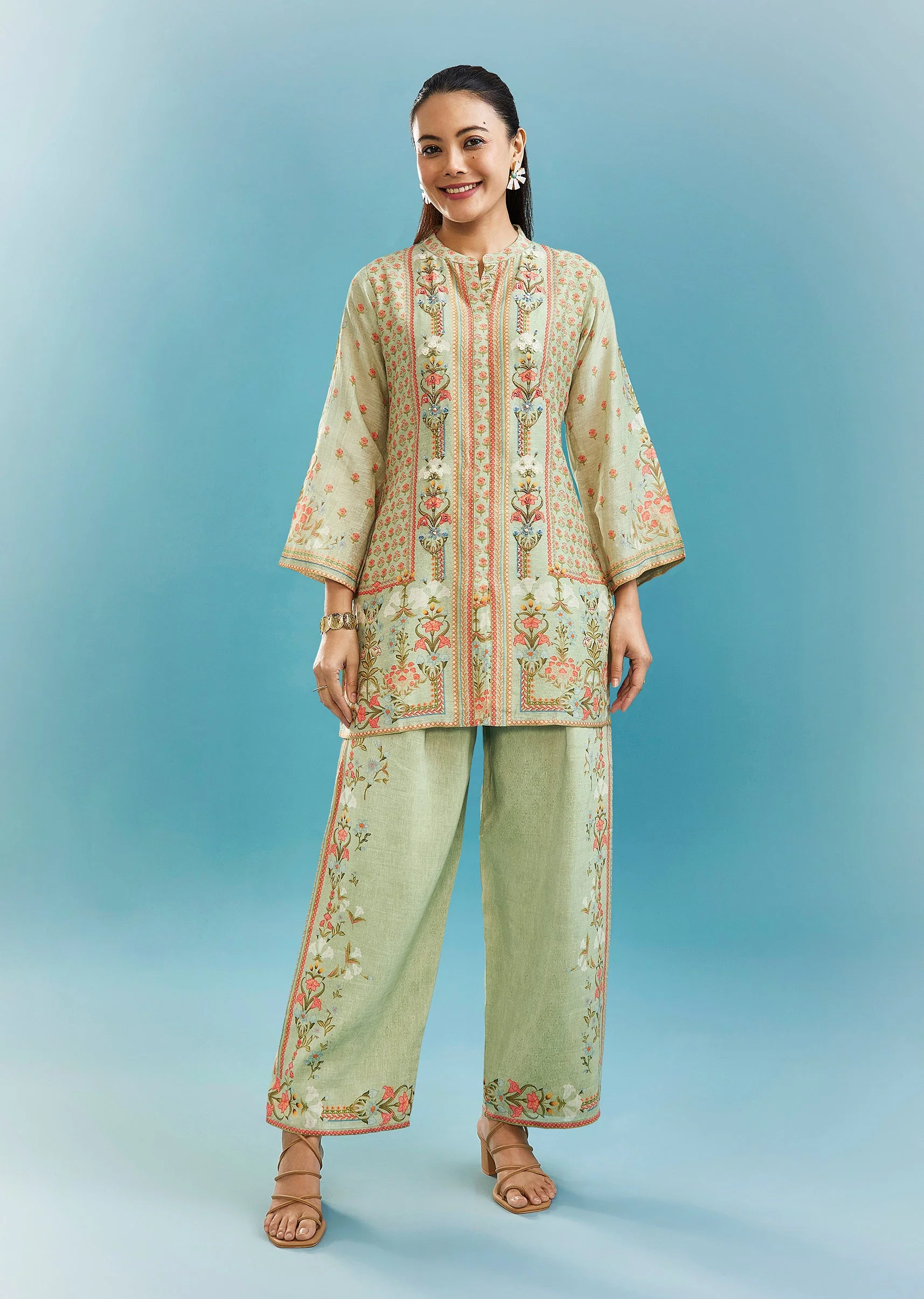 Pista Green Floral Co-ord Set With Cut Dana And Sequins Work