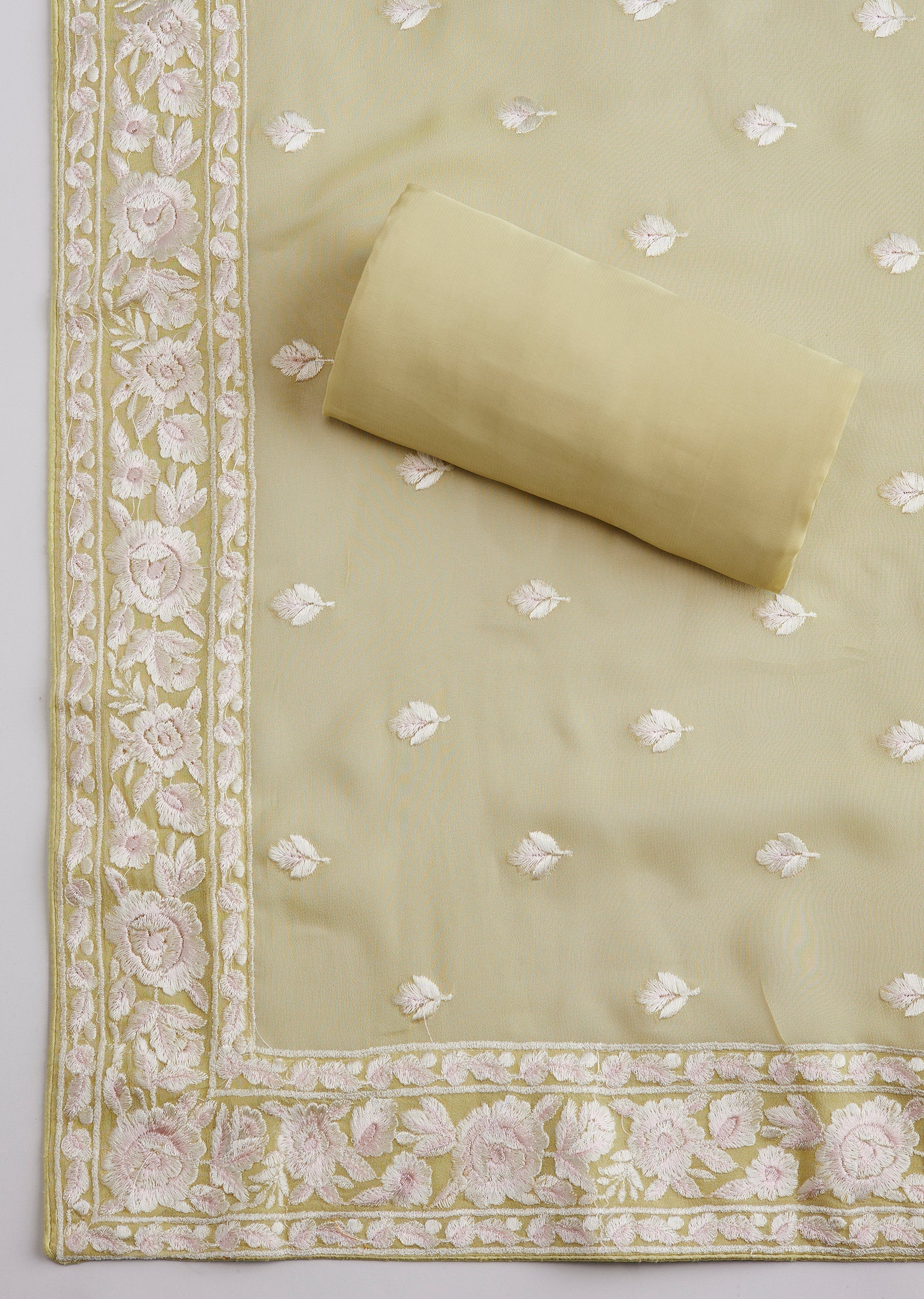 Pista Green Georgette Resham Thread Work Unstitched Suit Set With Dupatta - Image 4