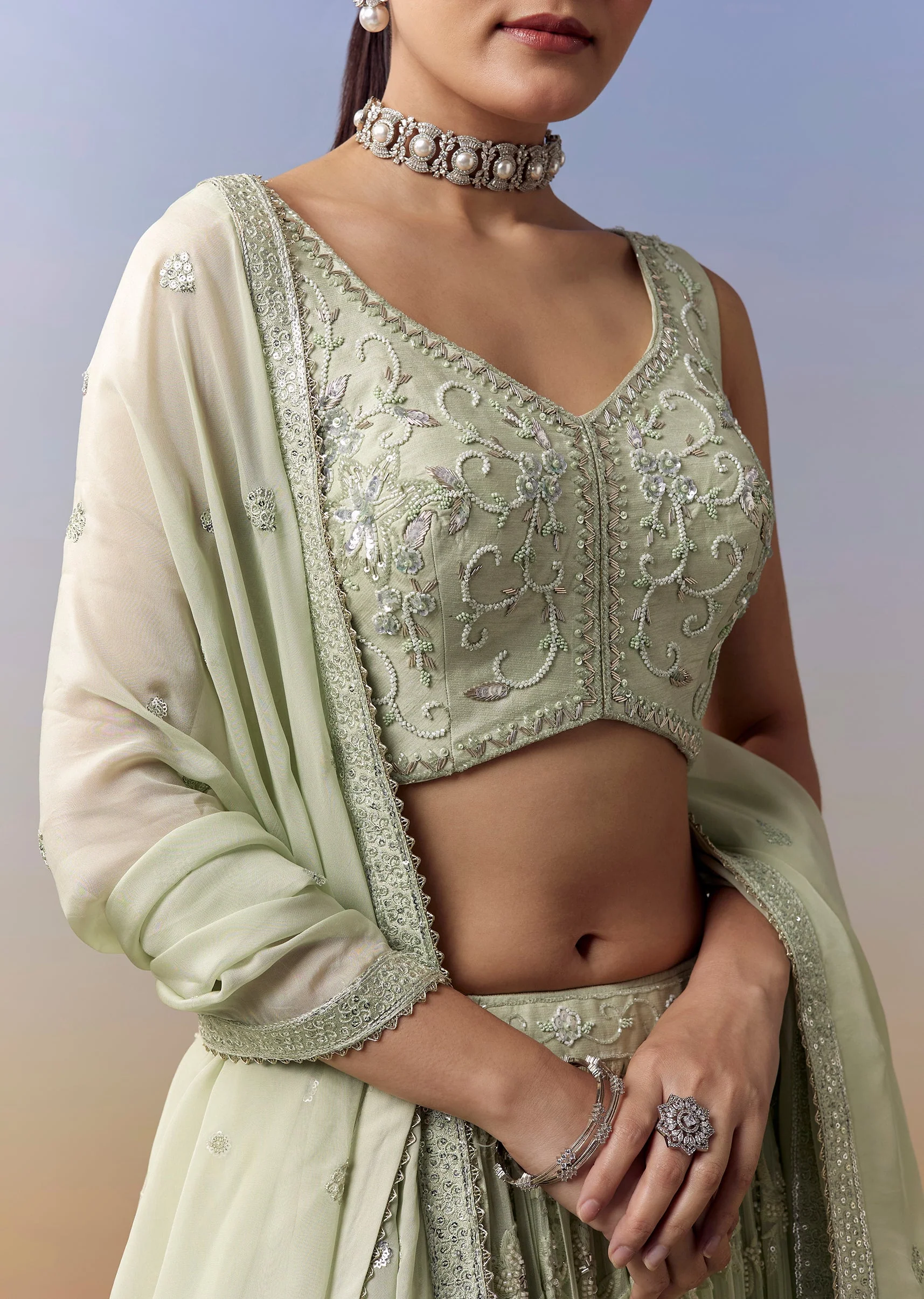 Pista Green Lehenga With Moti Sequins Cut Dana Work - Image 2