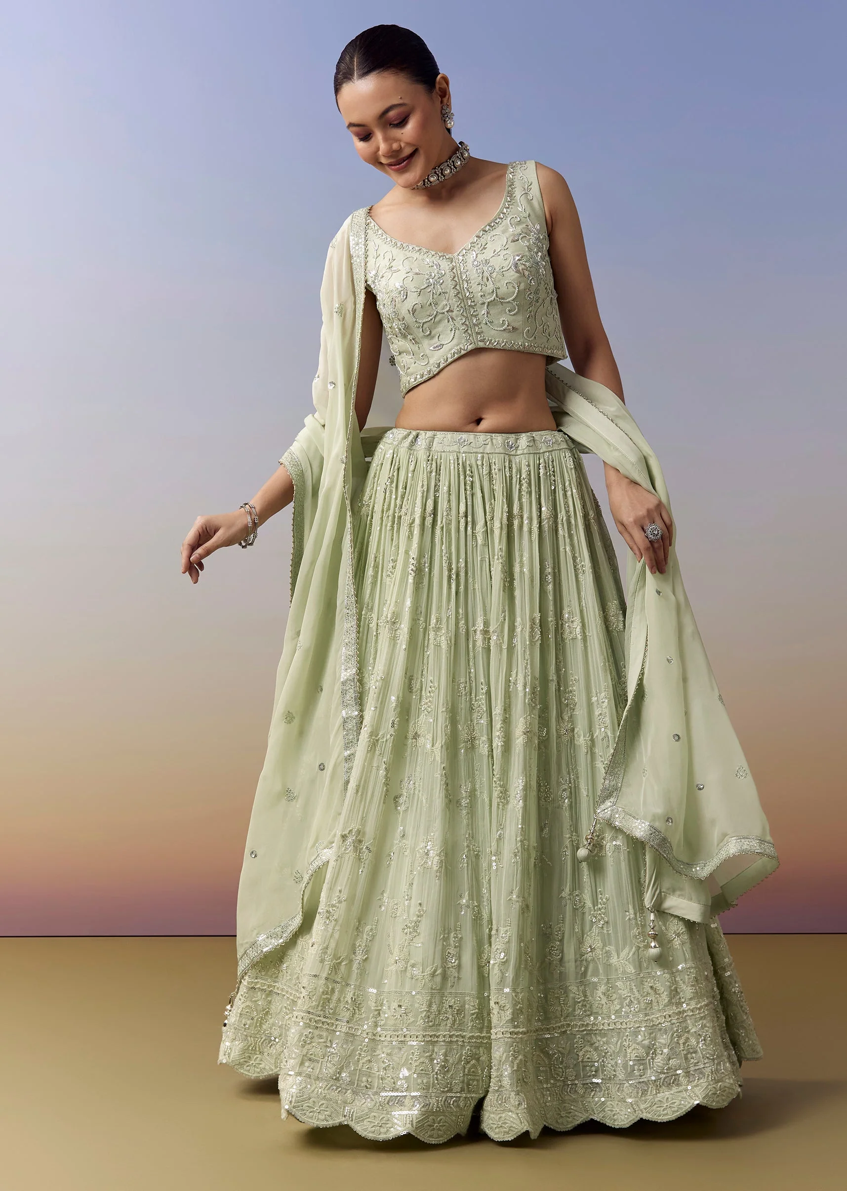 Pista Green Lehenga With Moti Sequins Cut Dana Work - Image 3