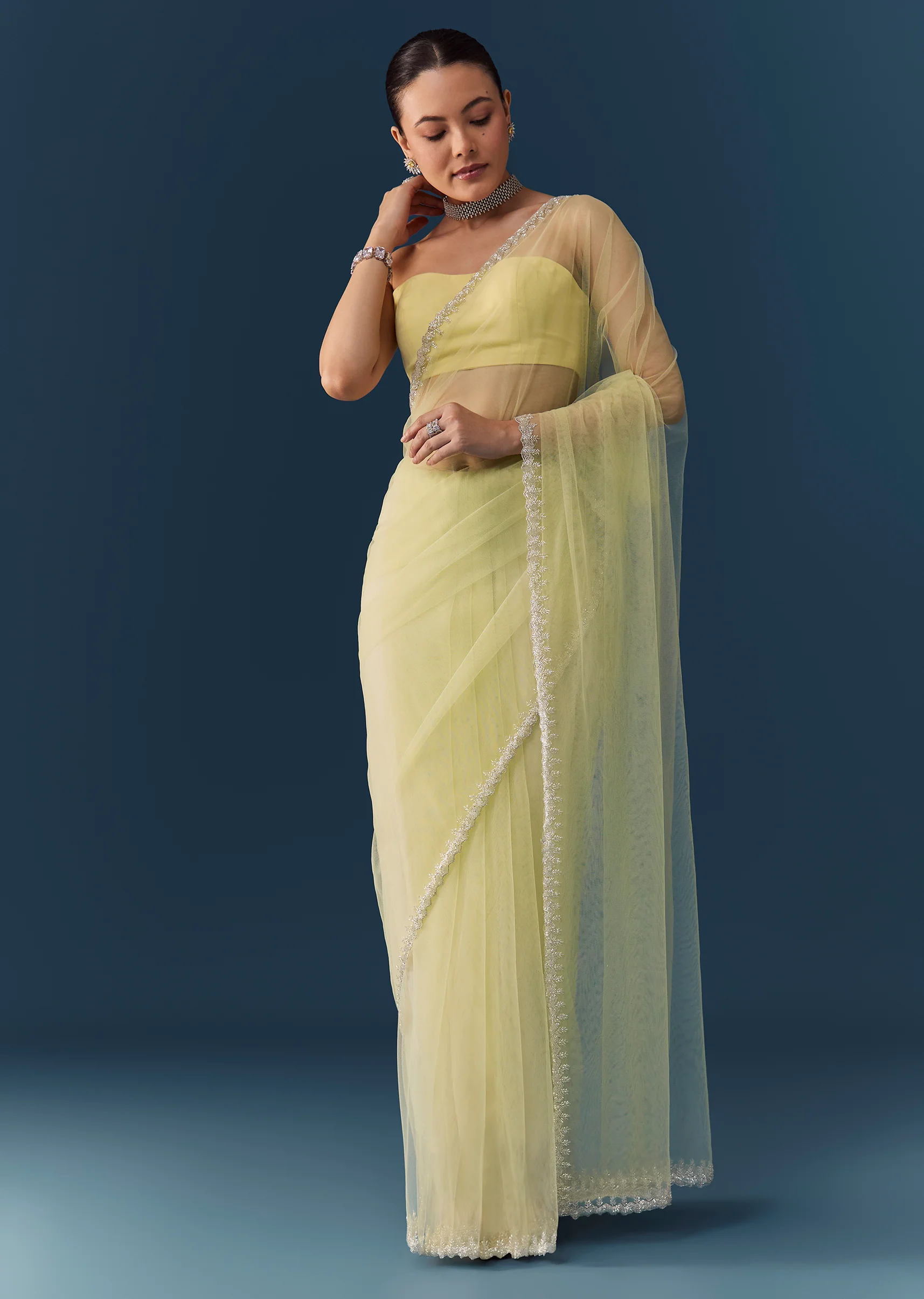 Pista Green Net Saree with Blouse Fabric - Image 3