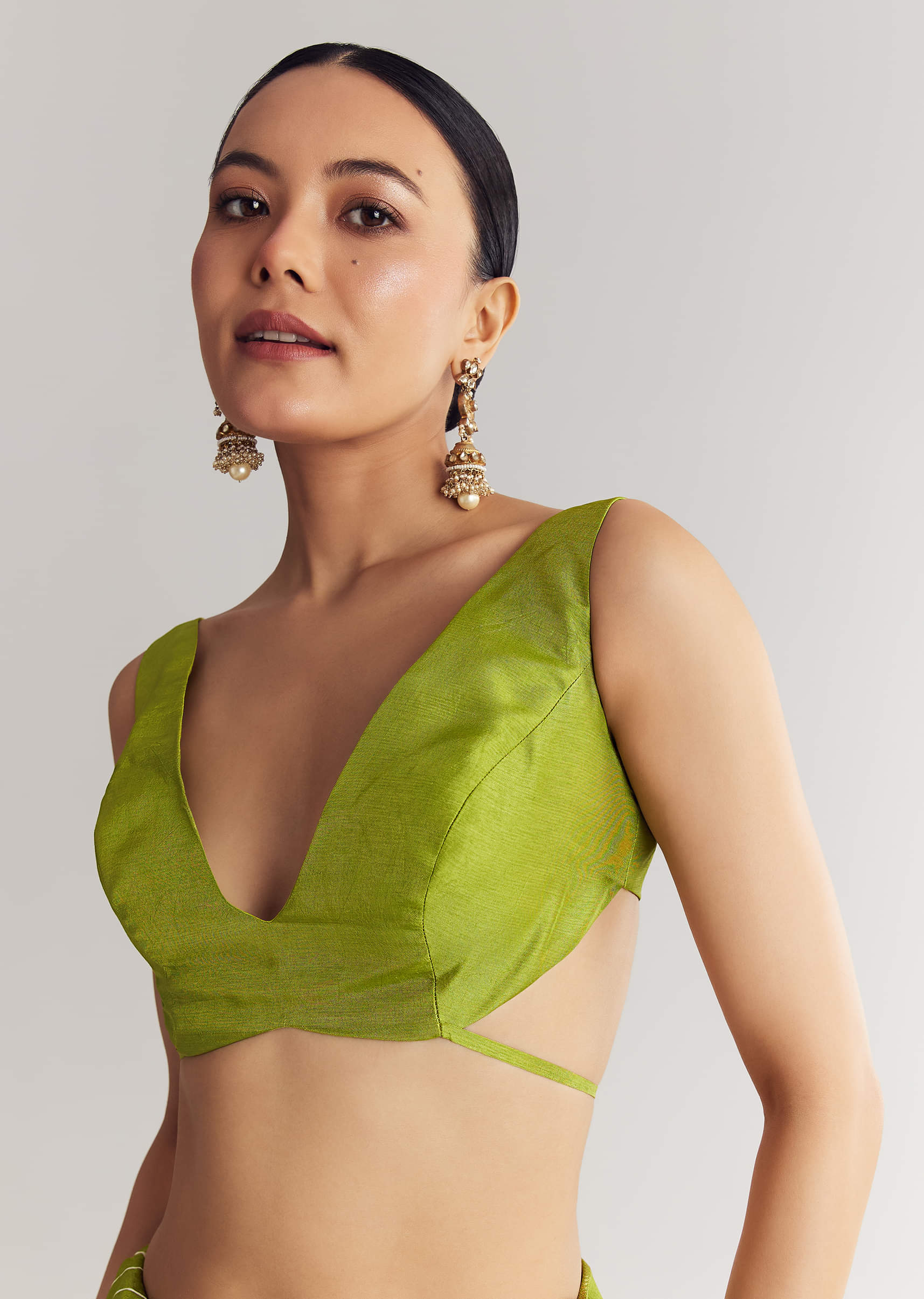 Pista Green Saree With Lehariya Print And Floral Gotapatti And Moti Work. - Image 6