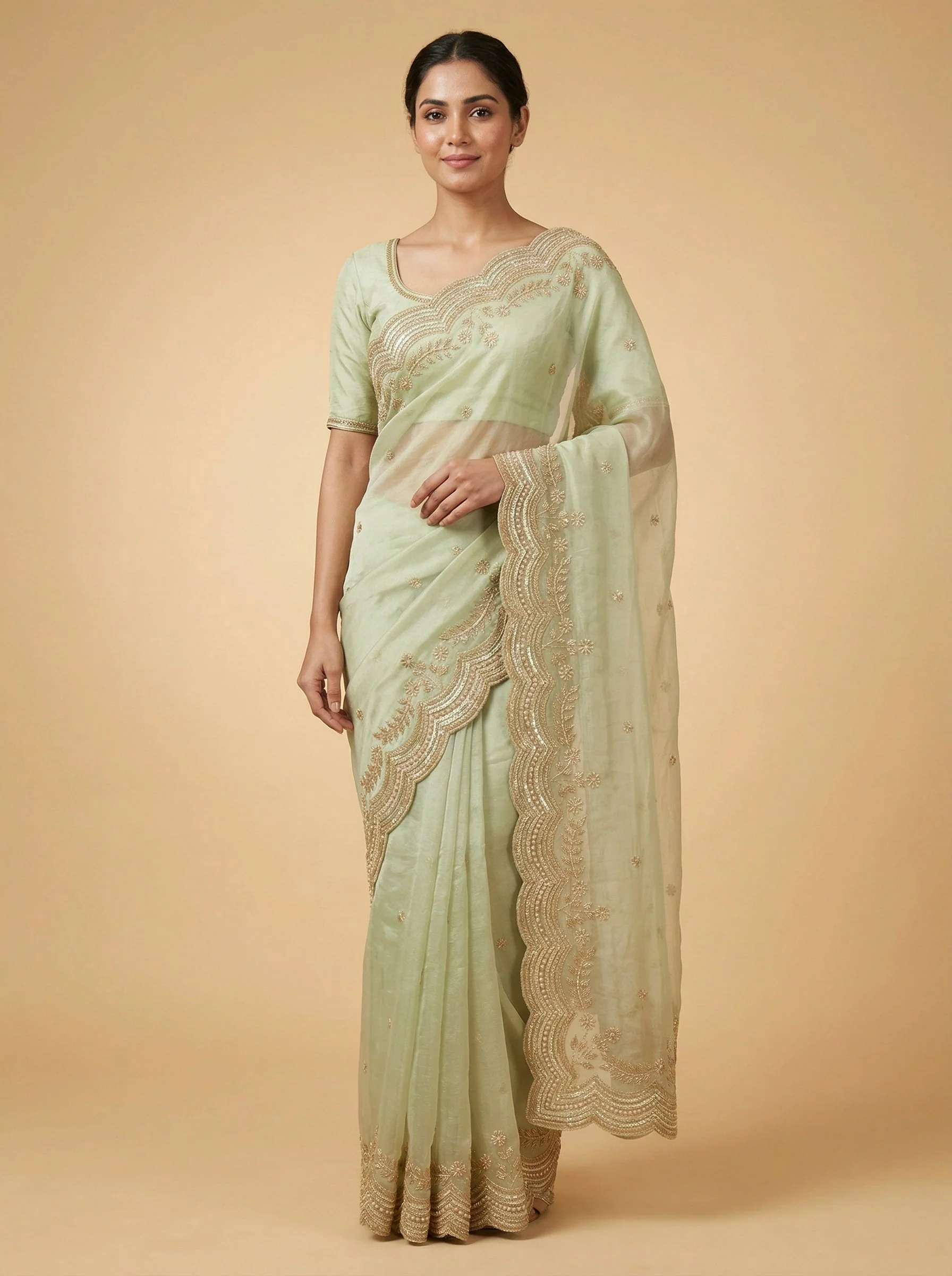 Pista Green Sharp Embroidered Saree