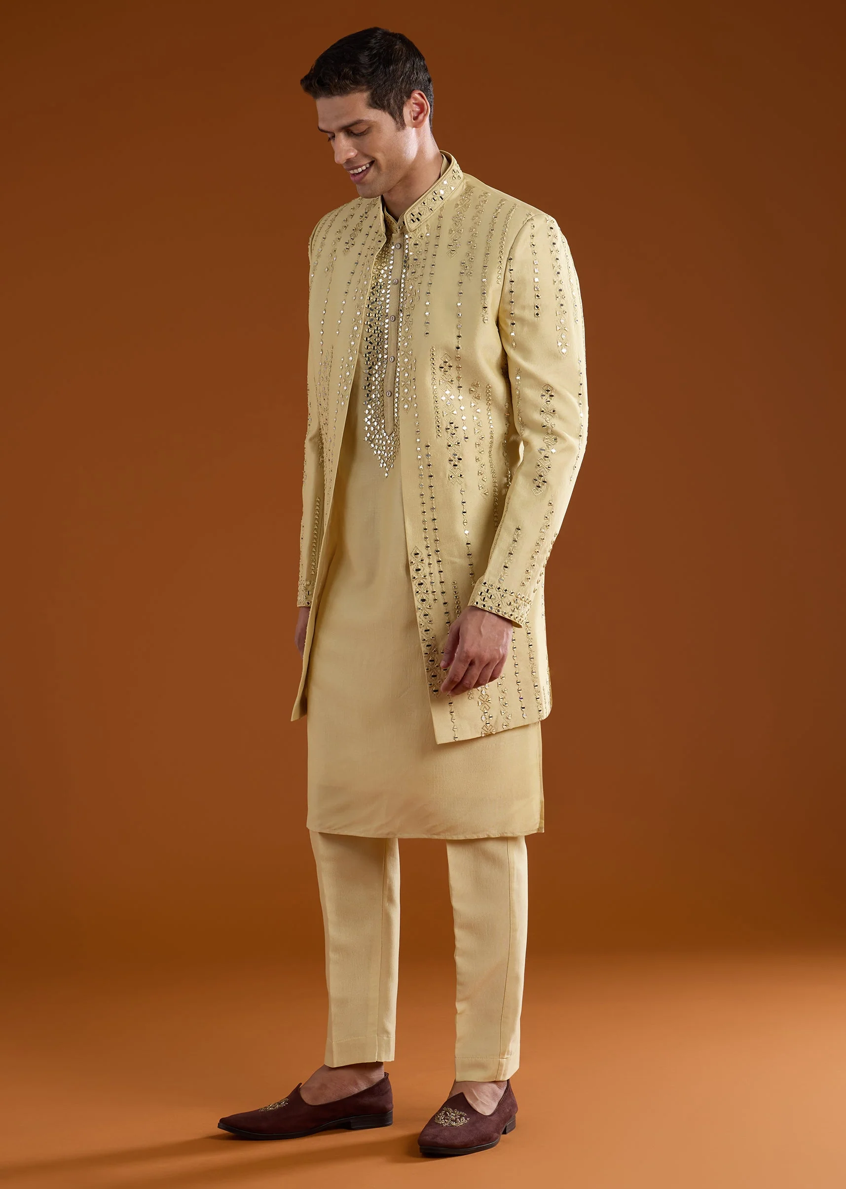 Pista Green Silk Indowestern Kurta Set with Resham Work - Image 3