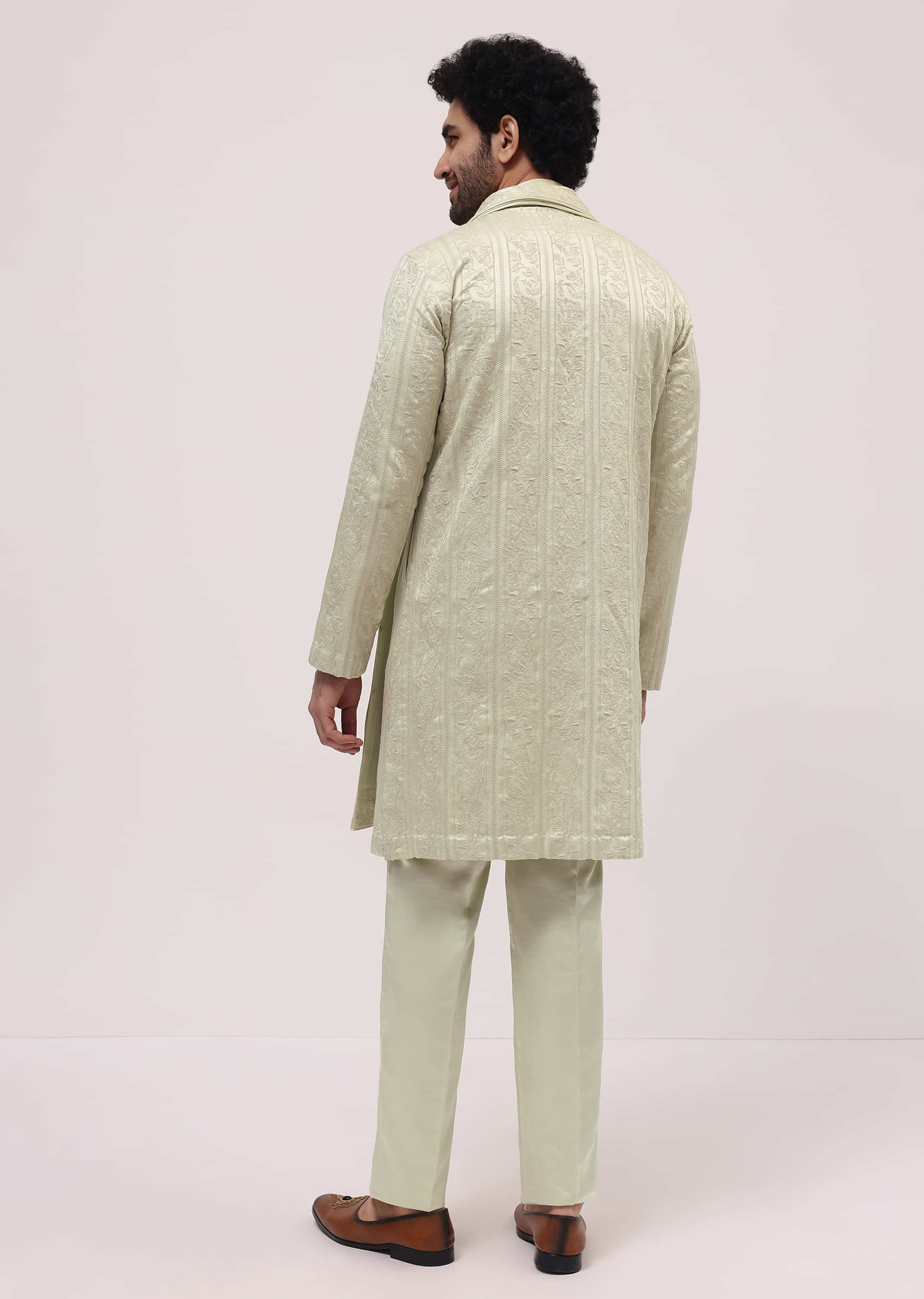 Pista Green Silk Kurta Set In Resham Work With Dupatta For Men - Image 5