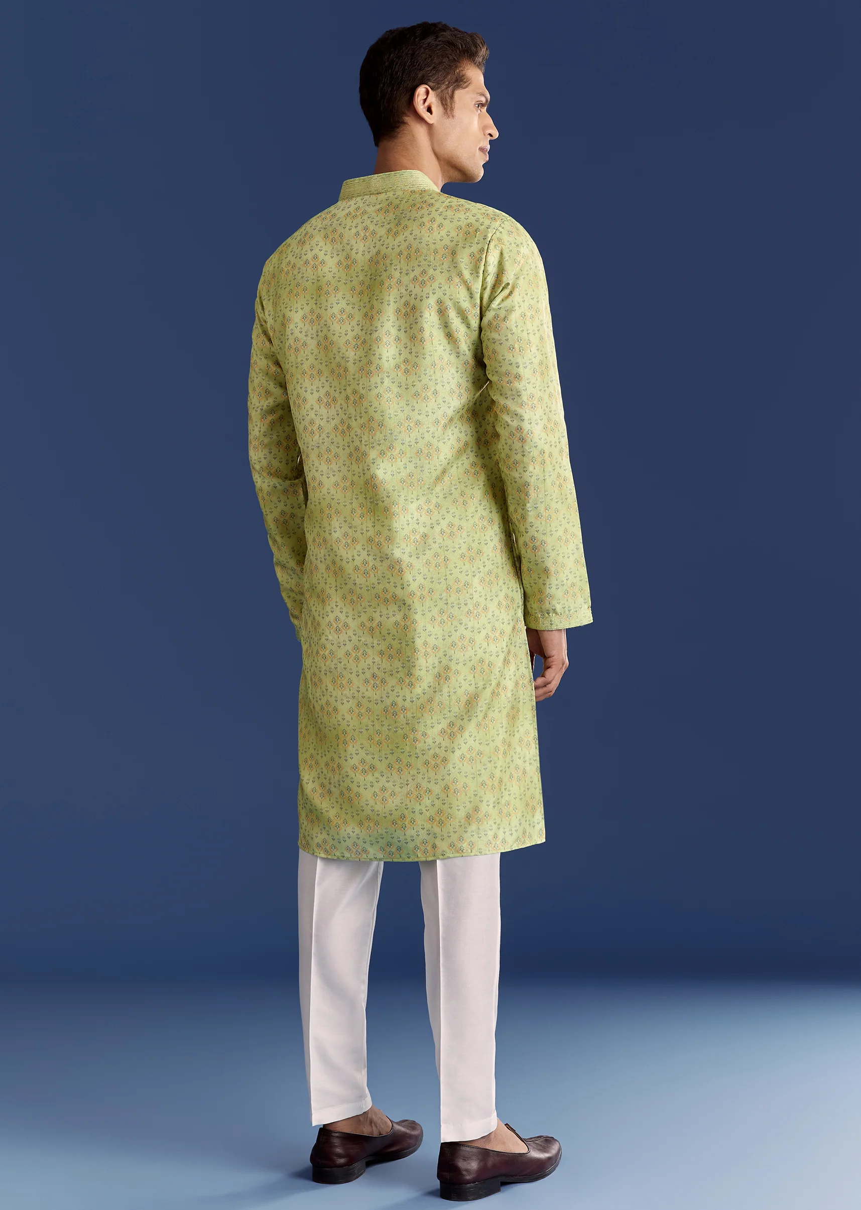 Pista Green Silk Kurta Set With Printed Symmetry - Image 5