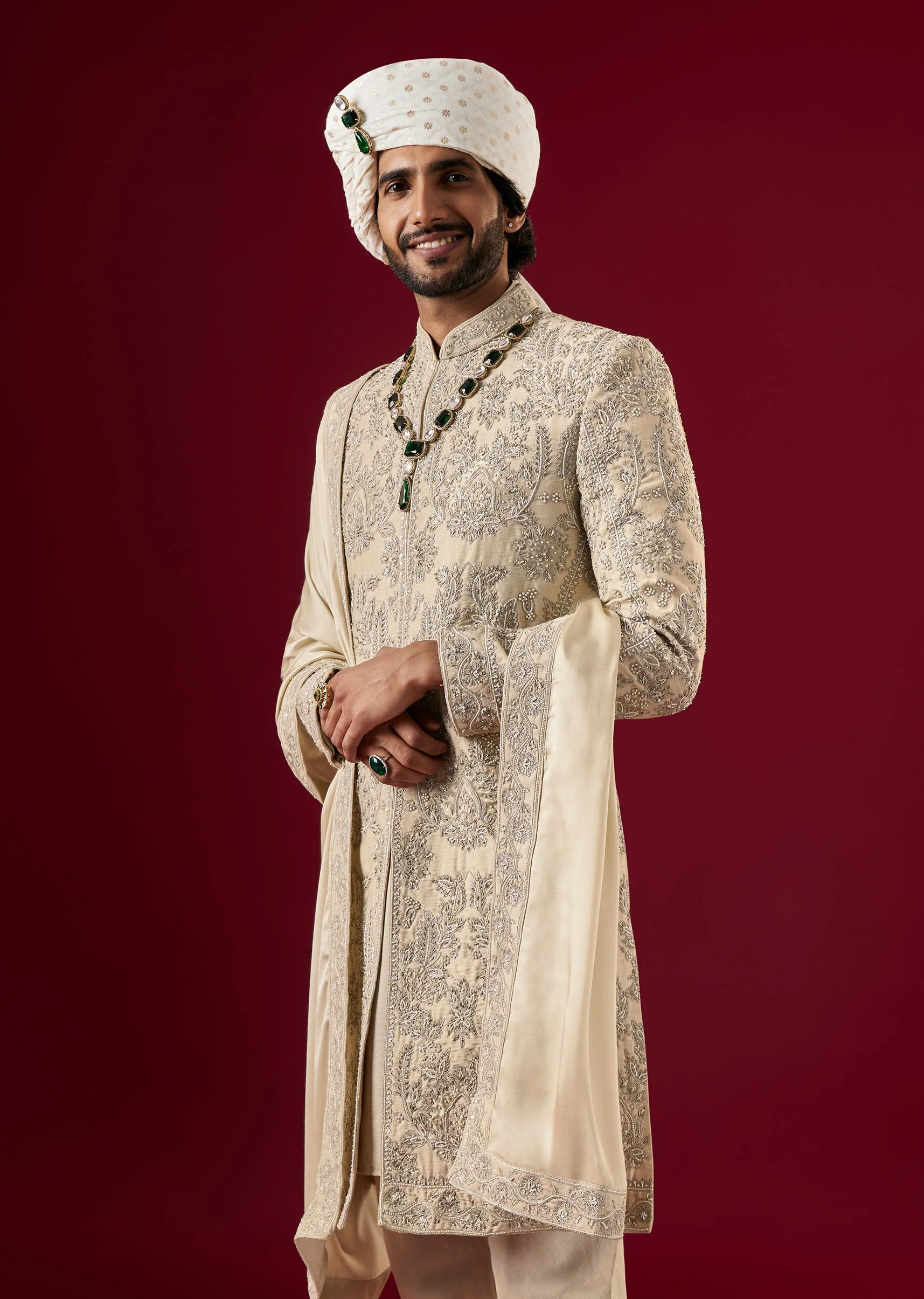 Pista Green Silk Sherwani Set With Dori Work - Image 2