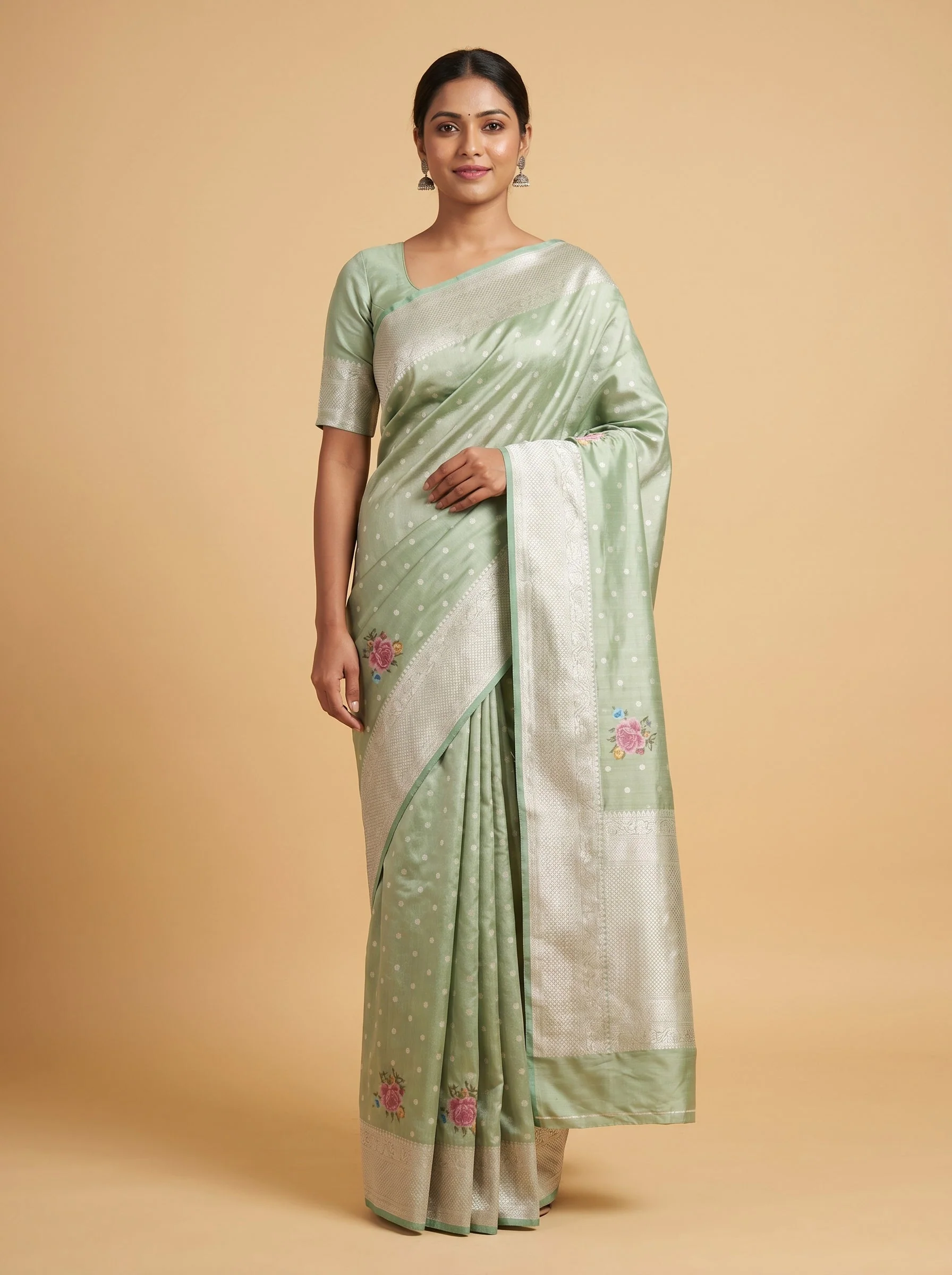Pista Green Soft Meadow Embroidered Saree