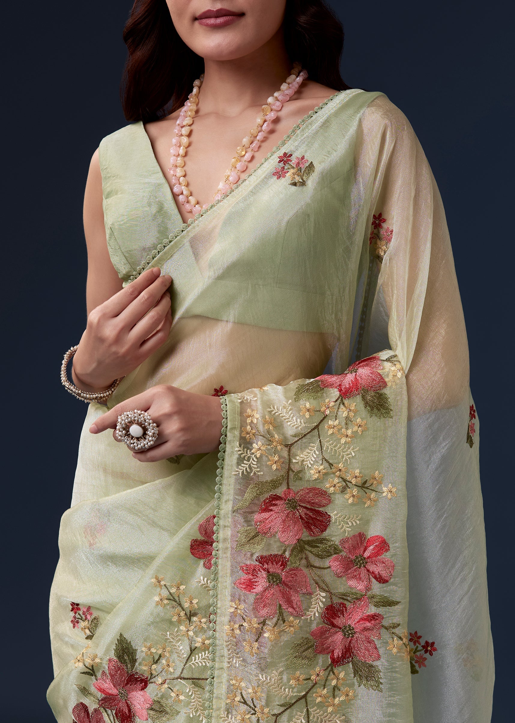 Pista Green Tissue Organza Saree With Multicolor Resham Thread And Lace Border - Image 2