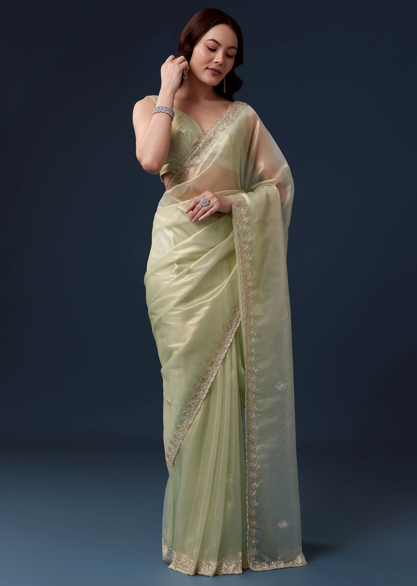 Pista Green Tissue Saree With Cutdana Beads And Sequin Embroidery - Image 5