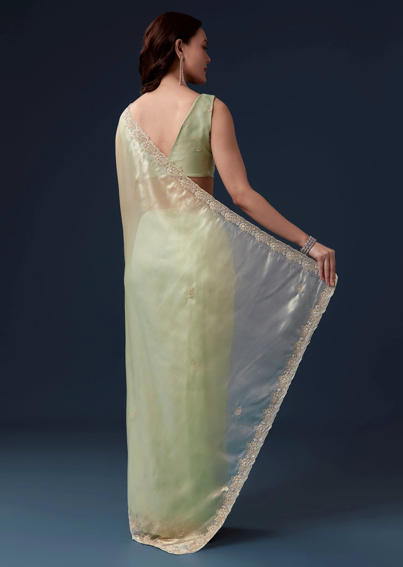 Pista Green Tissue Saree With Cutdana Beads Sequins And Zardosi Work - Image 4
