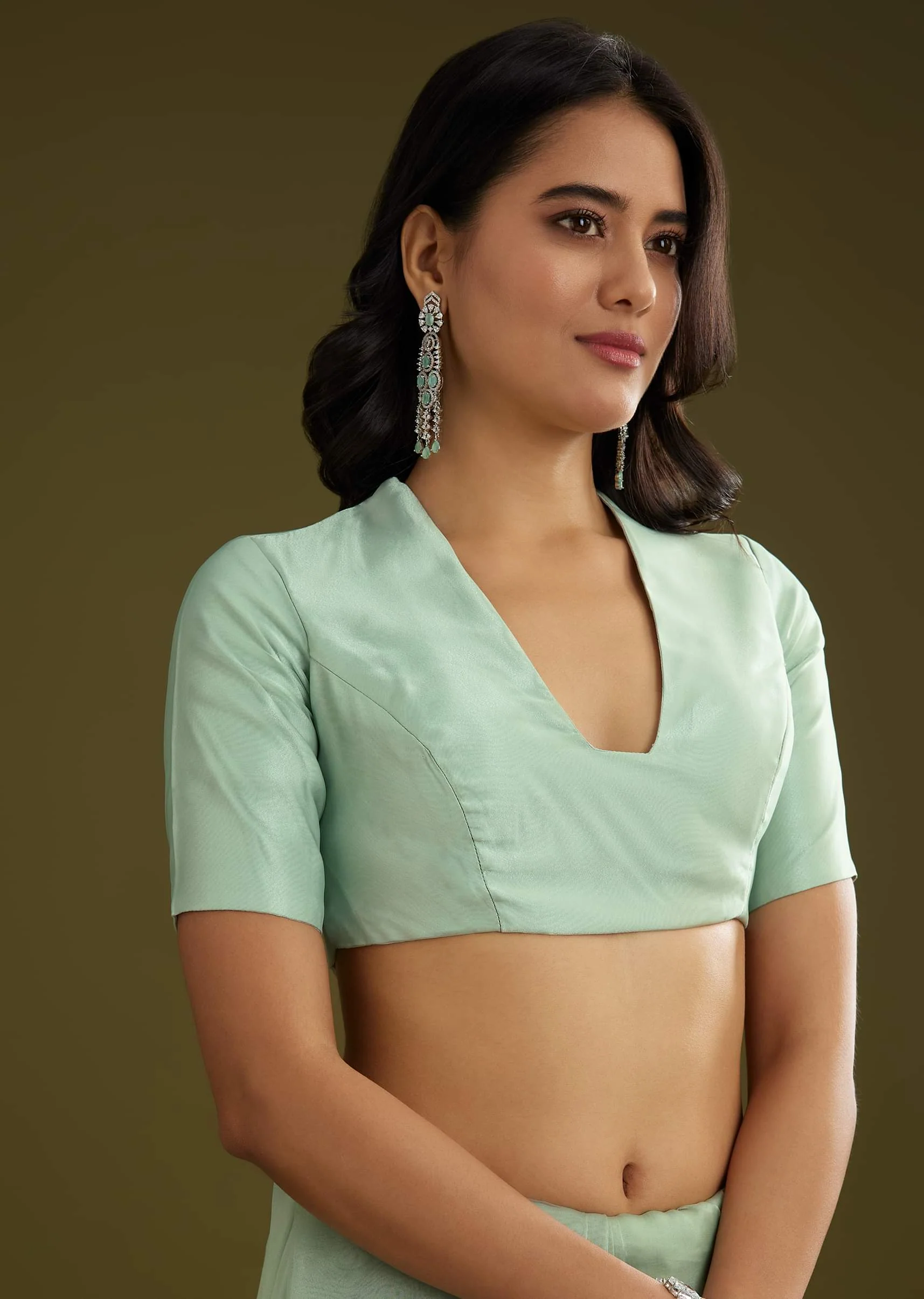Pista Green Tissue Saree With Embroidered Scallop Border - Image 7