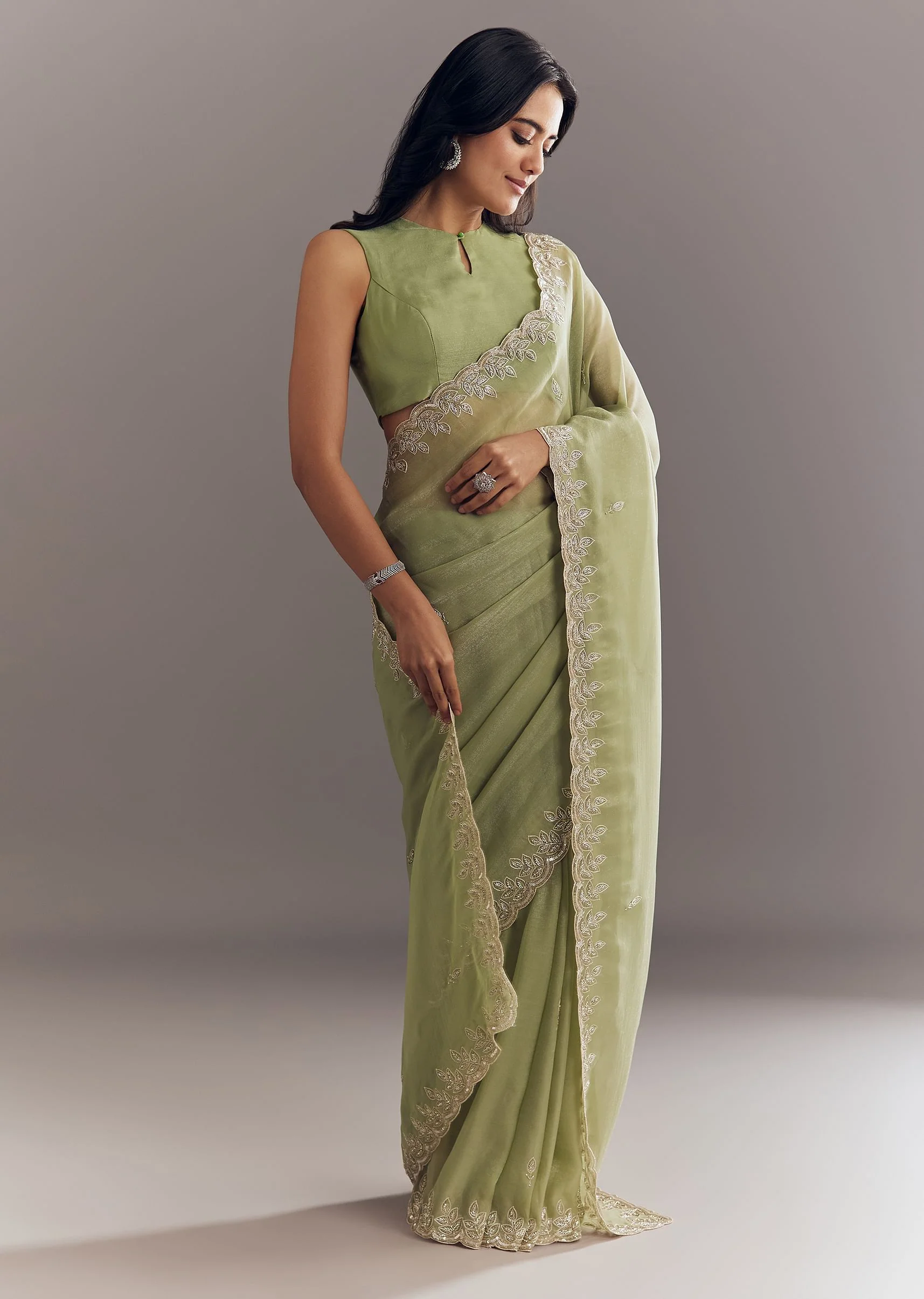 Pista Green Tissue Saree With Leaf Motif Embroidery In Sequins And Cutdana - Image 3
