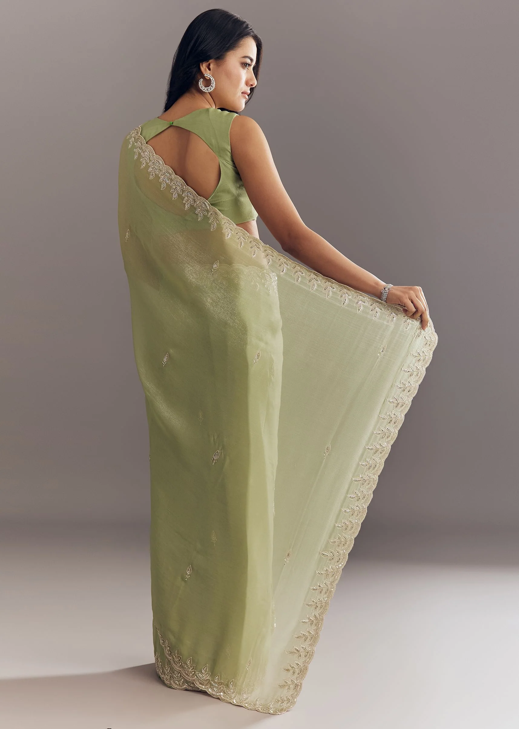 Pista Green Tissue Saree With Leaf Motif Embroidery In Sequins And Cutdana - Image 6