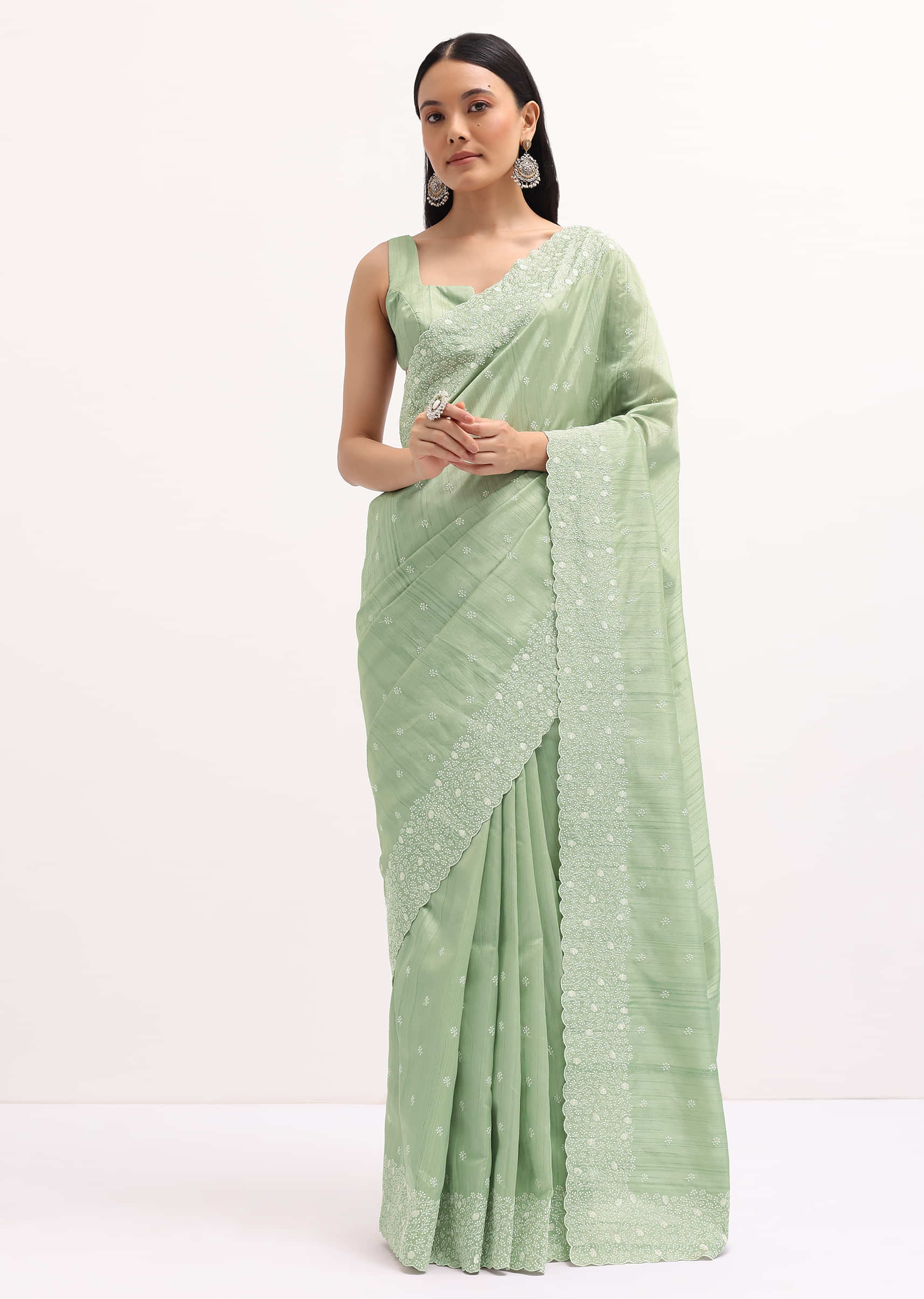 Pista Green Tussar Saree With Unstitched Blouse - Image 4