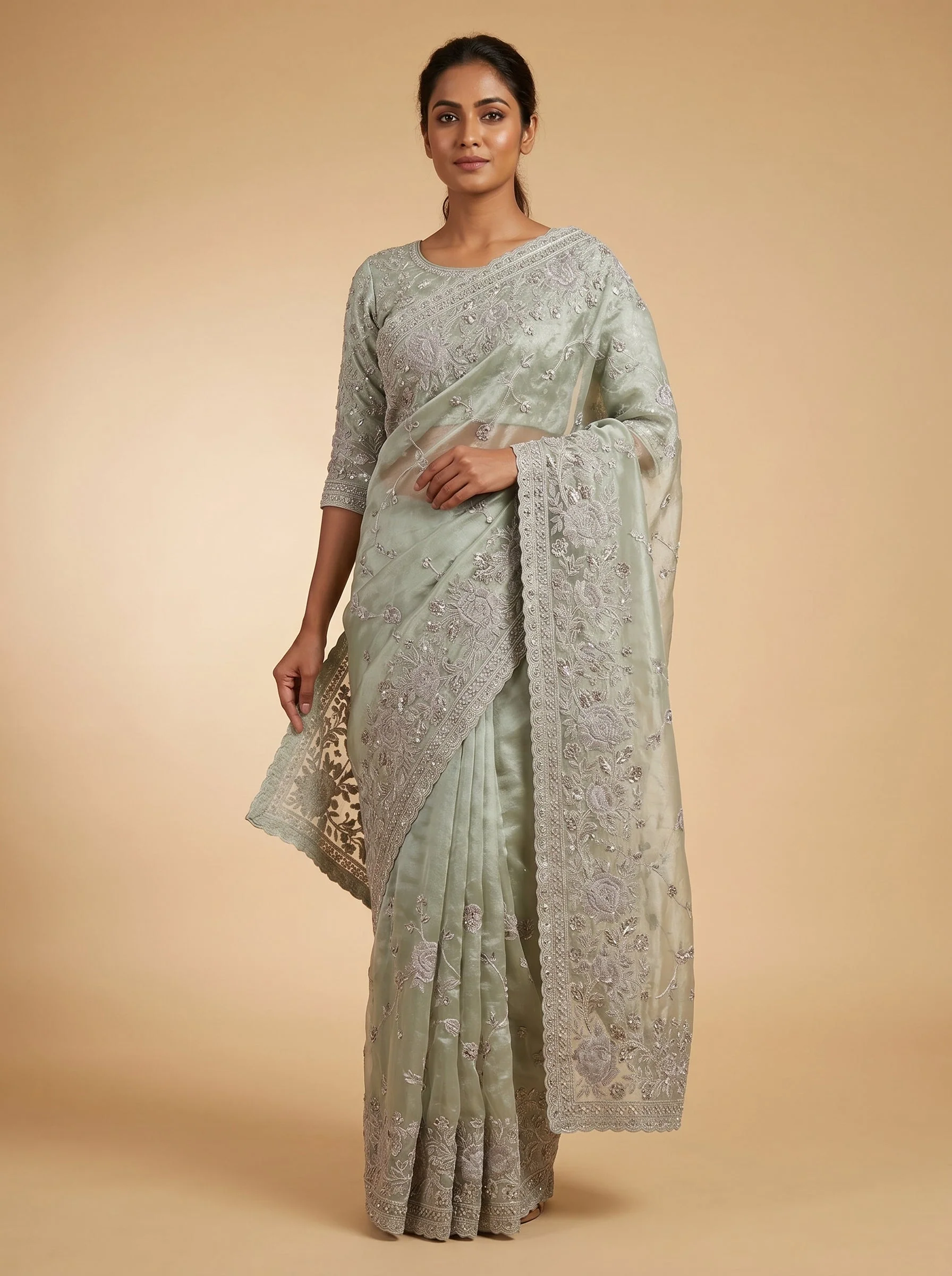 Pista Mint Whisper Embroidered Saree