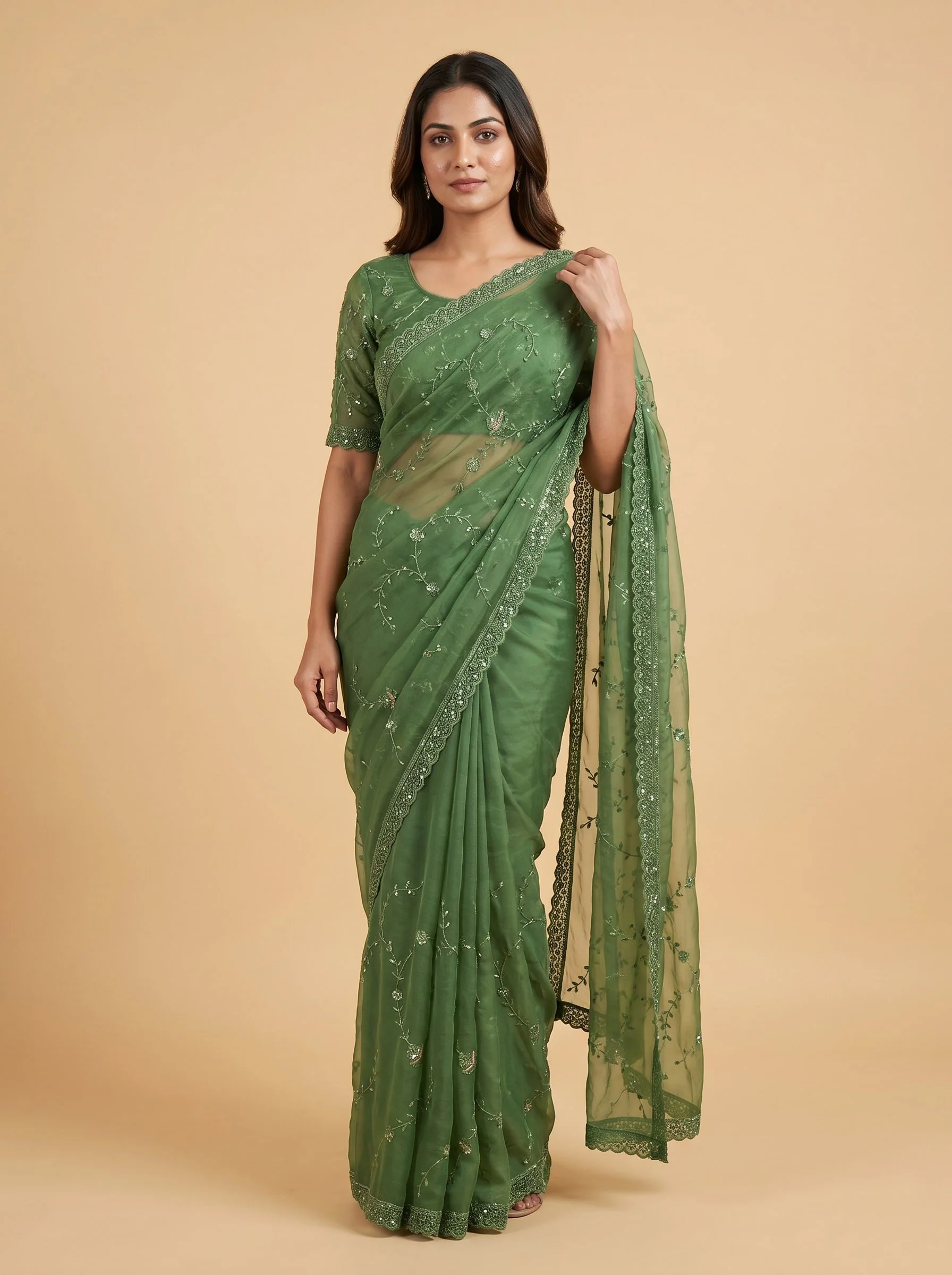 Pista Shimmer Embroidered Saree