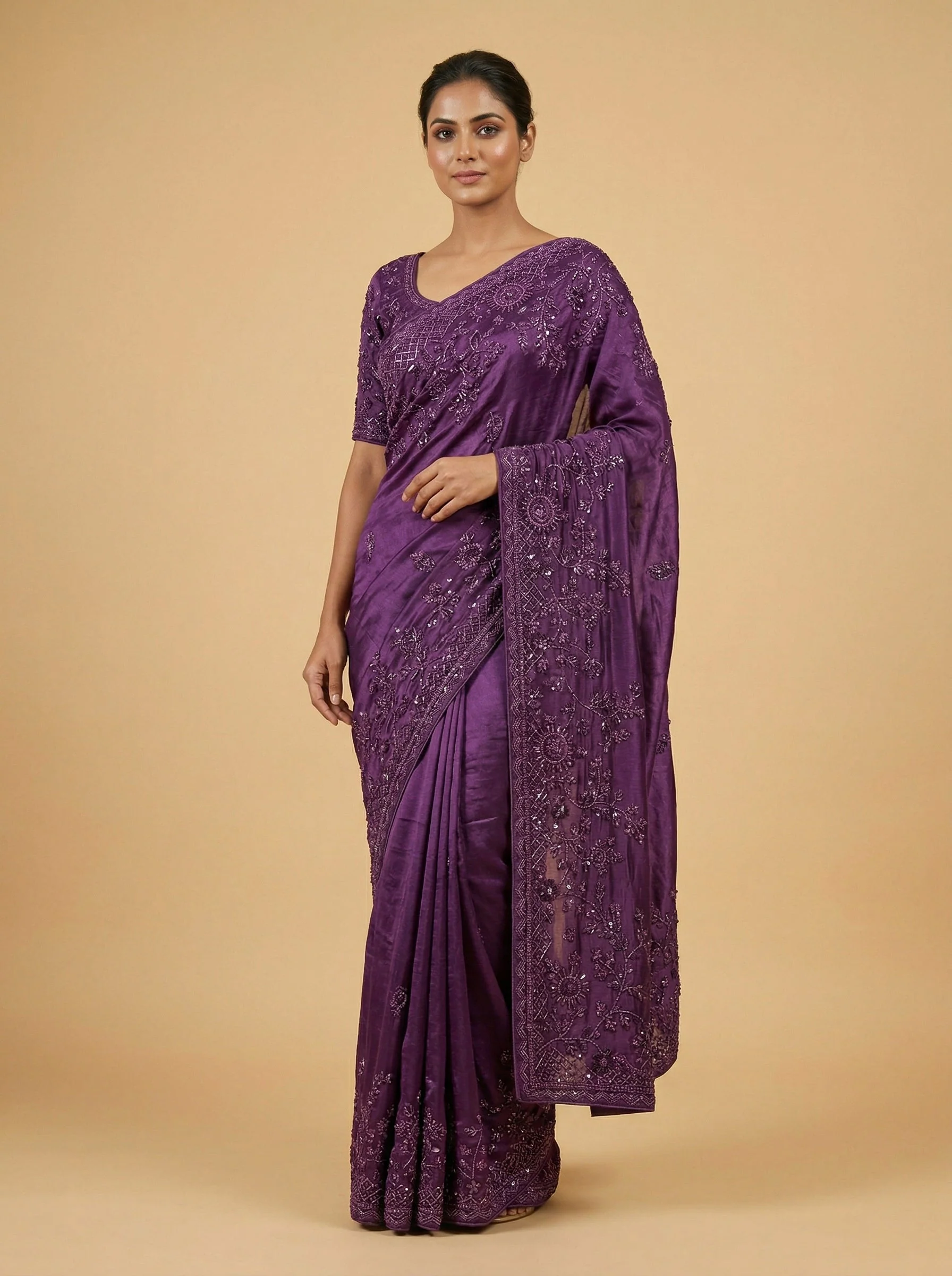 Plum Wine Embroidered Saree