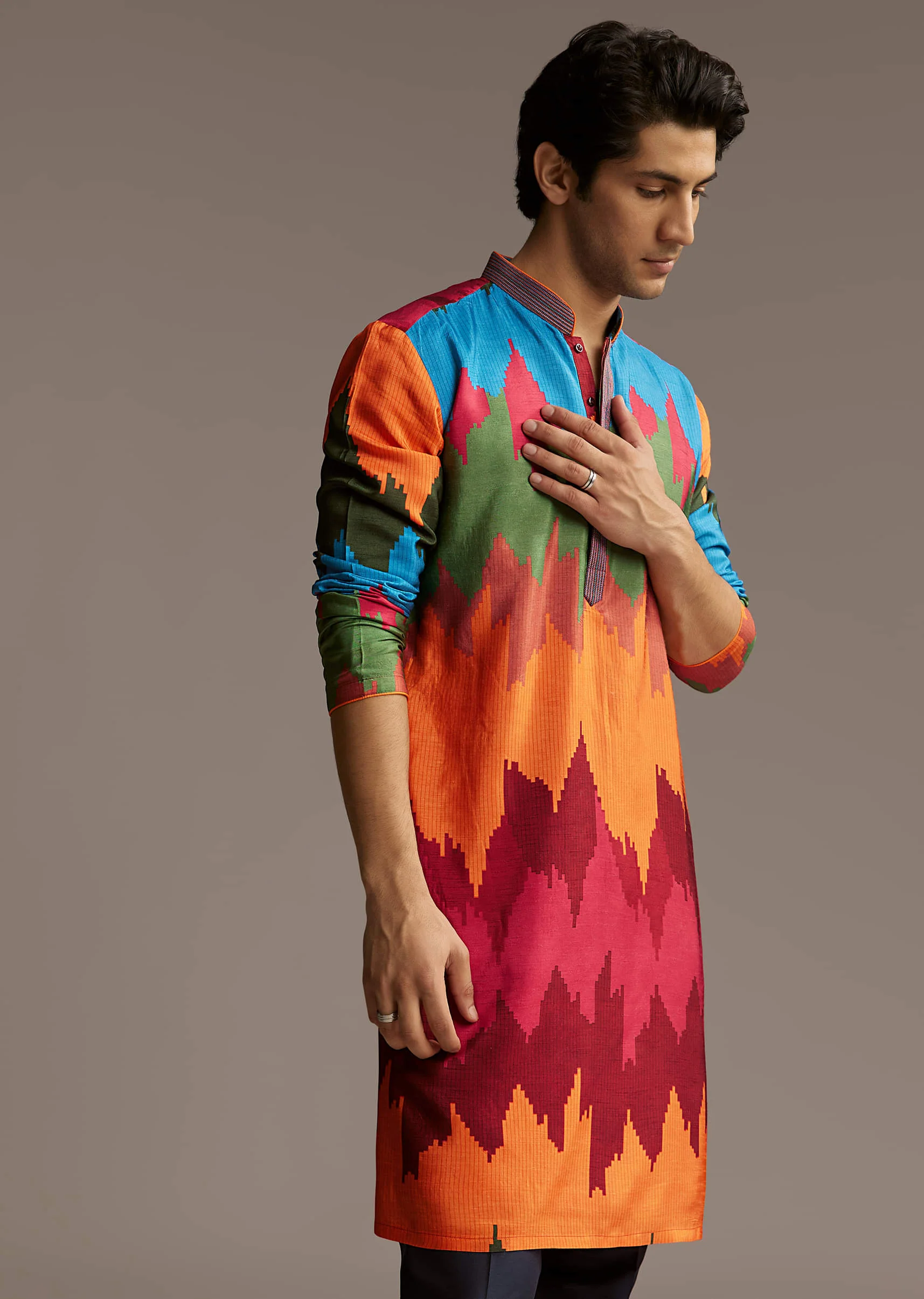 Poppy Multicolour Silk Kurta Set For Men With Vibrant Zigzag Print - Image 3