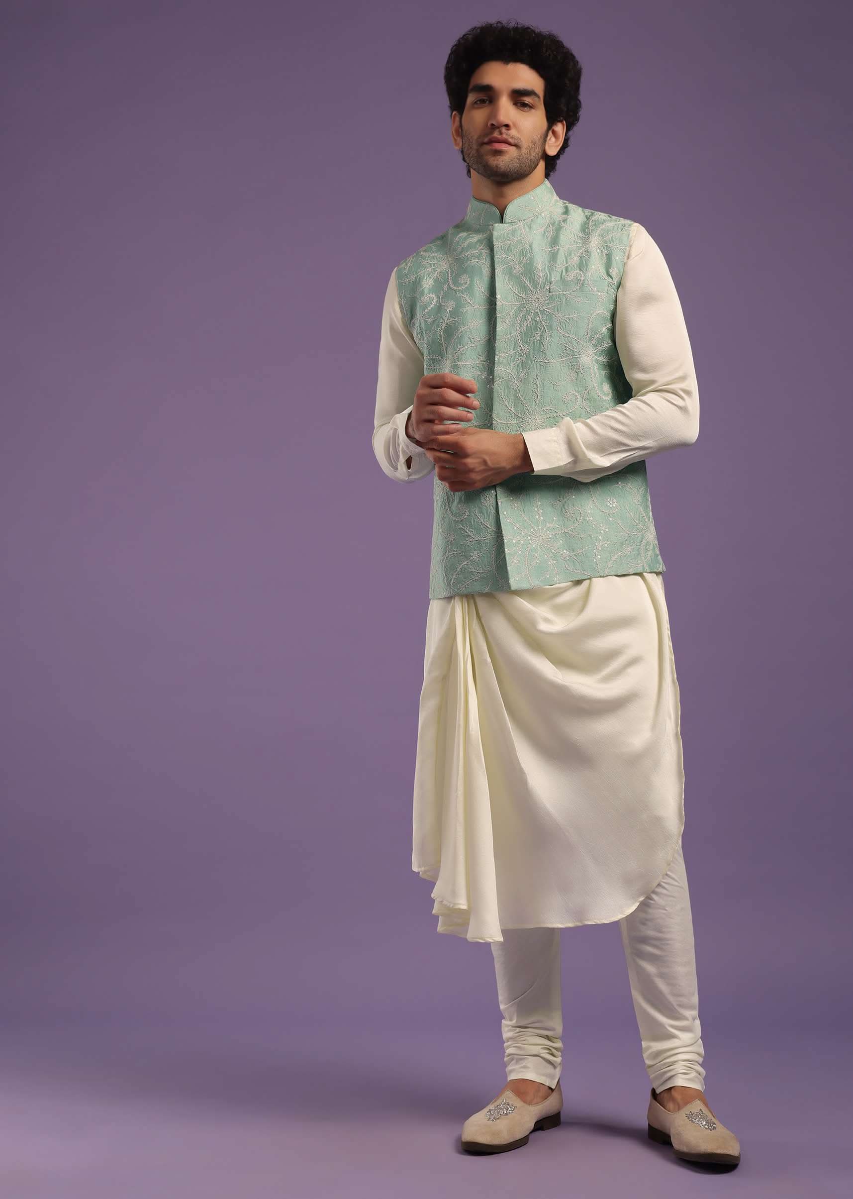 Powder Blue Bandi Jacket Set In Tussar With A Cowl Pleated Kurta - Image 4