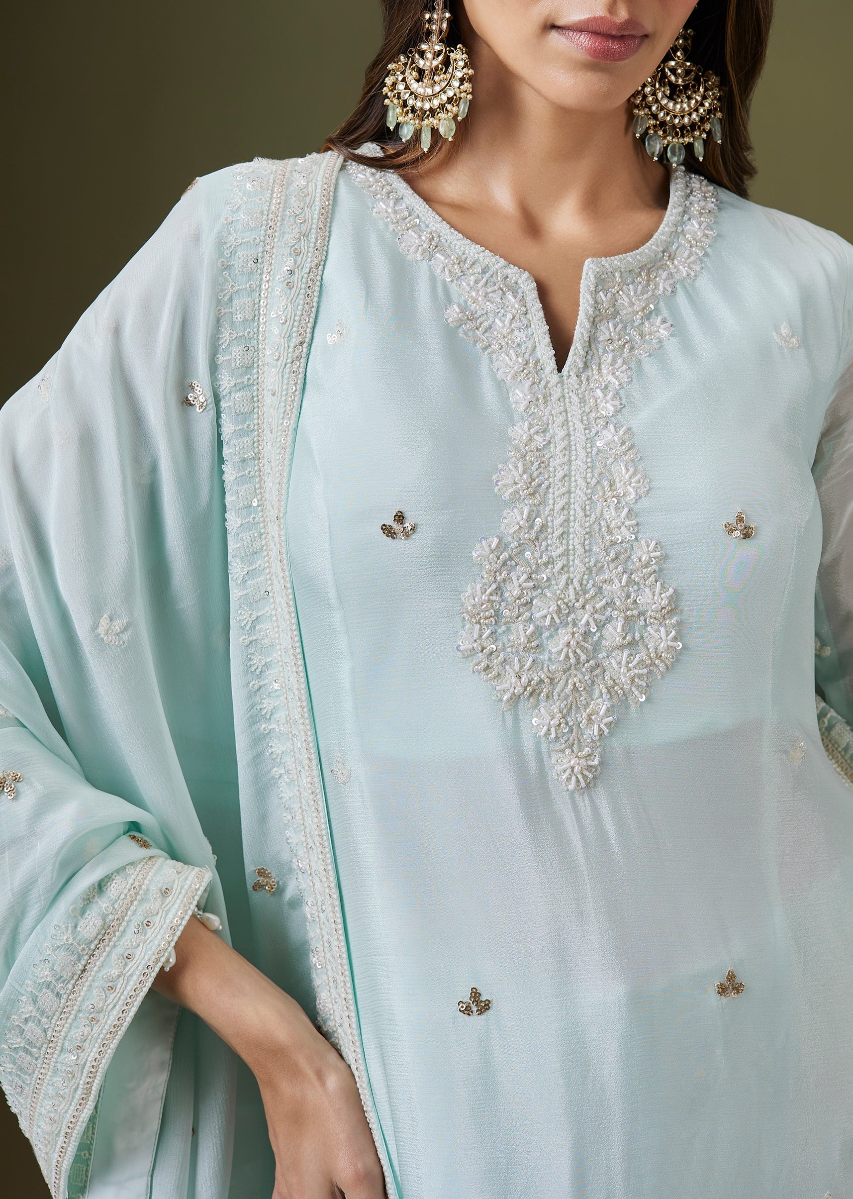 Powder Blue Chinon Thread And Sequin Kurta Set with Pleated Palazzo - Image 2