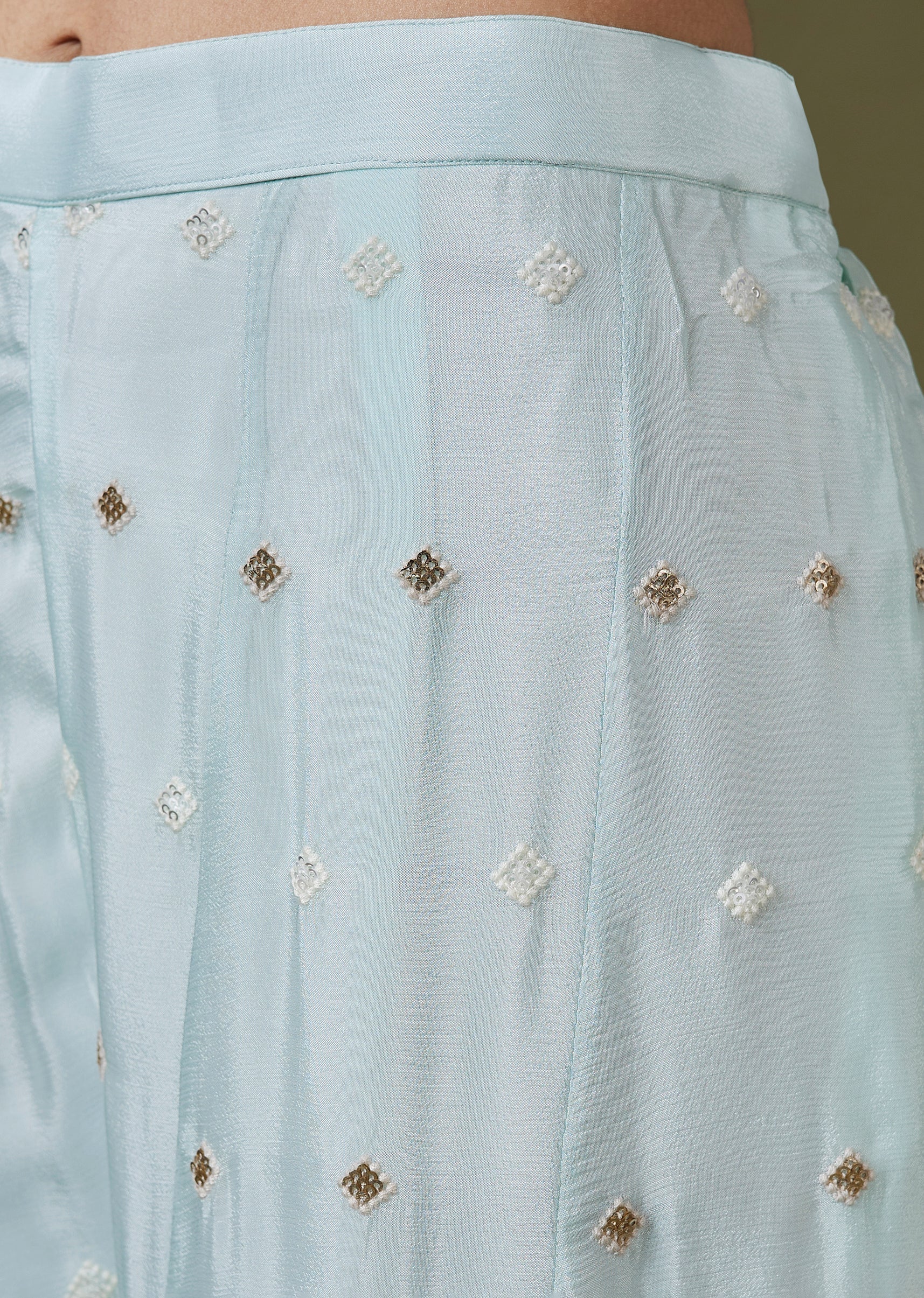 Powder Blue Chinon Thread And Sequin Kurta Set with Pleated Palazzo - Image 6