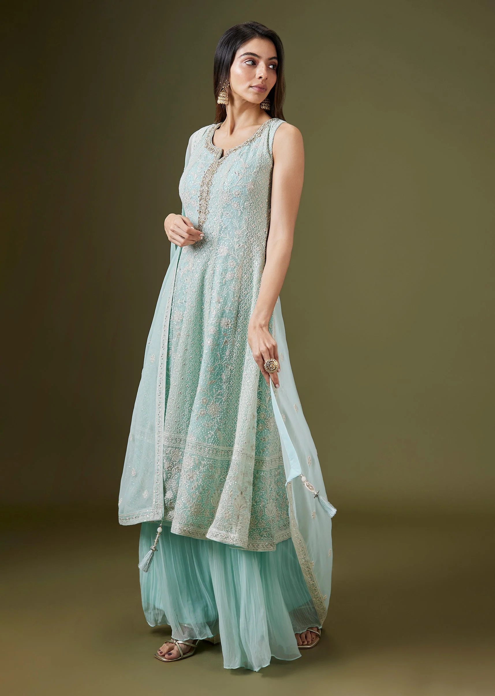 Powder Blue Lucknowi Georgette Palazzo Set With Tassled Dupatta - Image 3