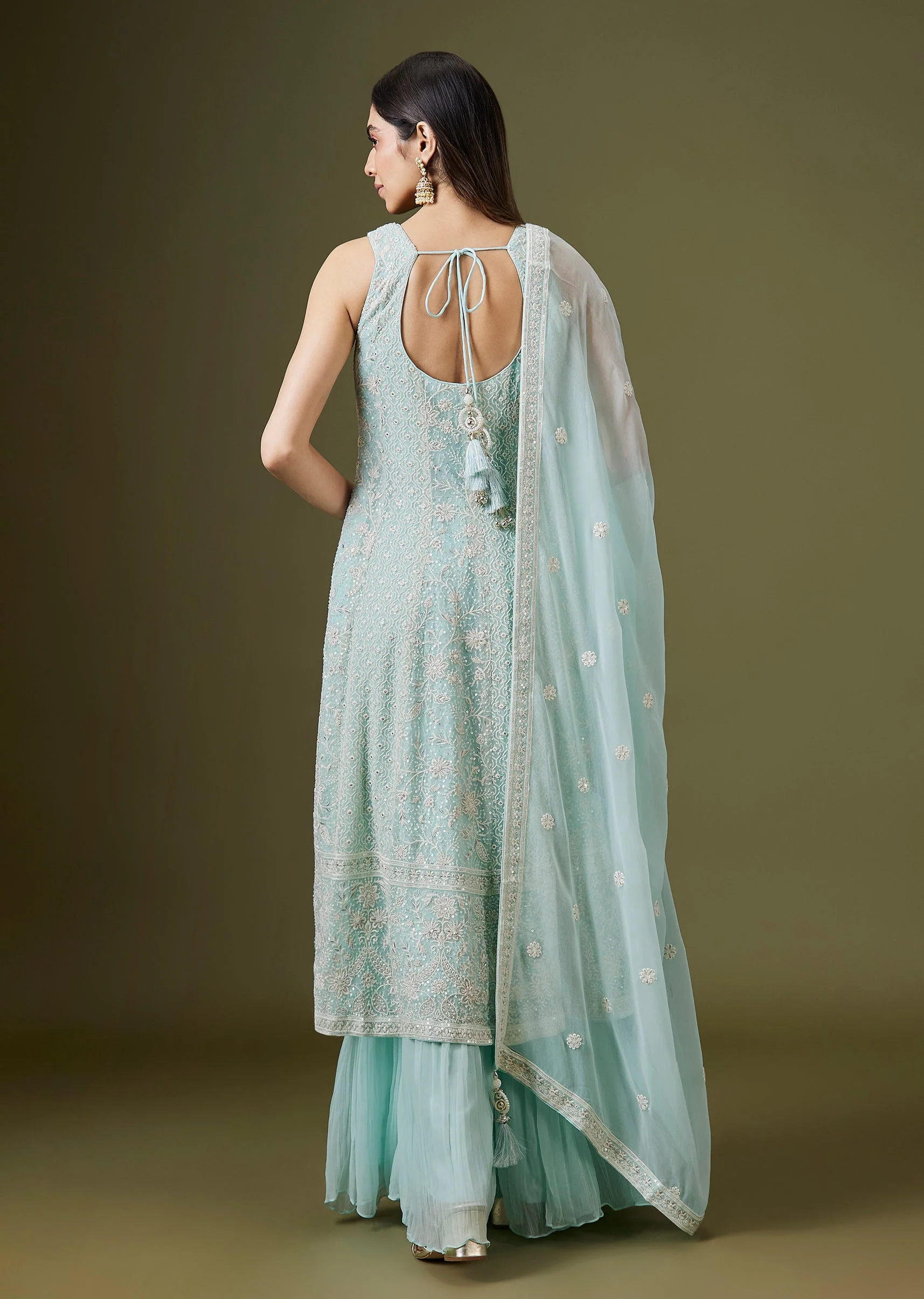 Powder Blue Lucknowi Georgette Palazzo Set With Tassled Dupatta - Image 5