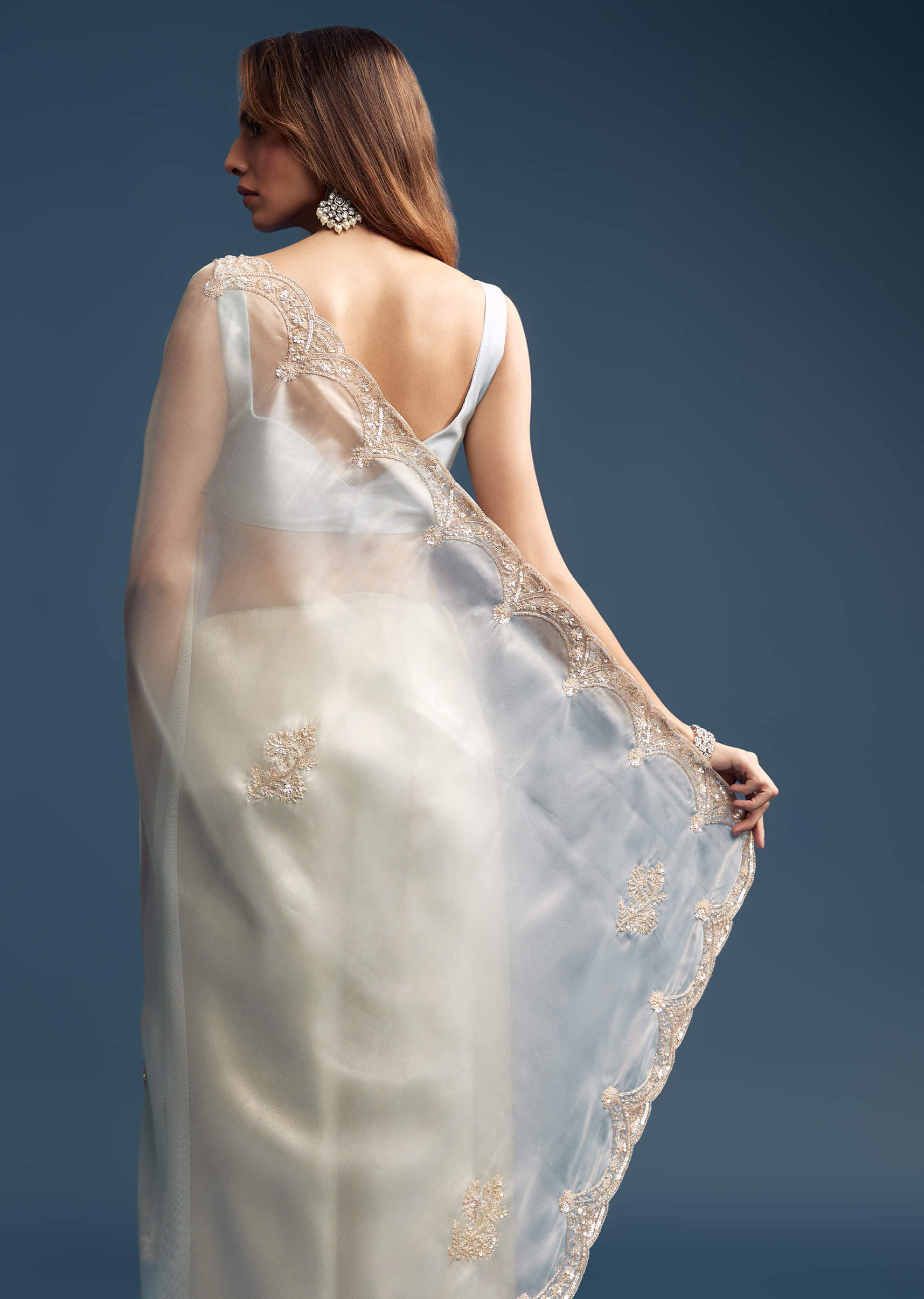 Powder Blue Tissue Saree With Cutdana Embroidery - Image 3