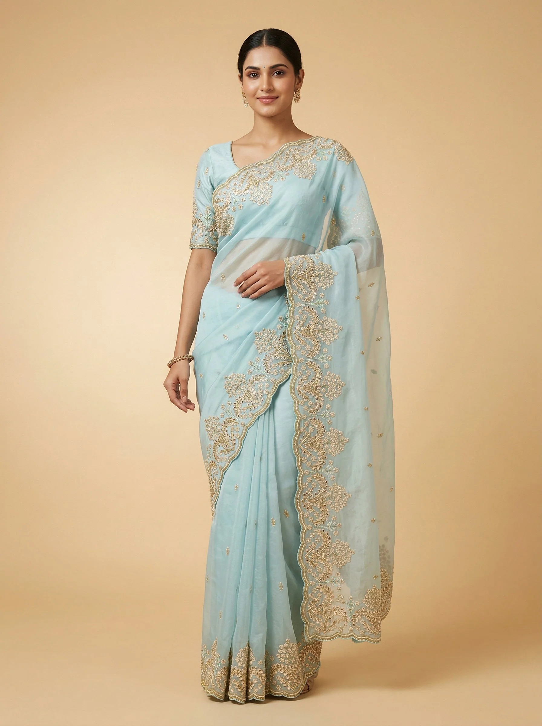 Powder Ice Blue Embroidered Saree
