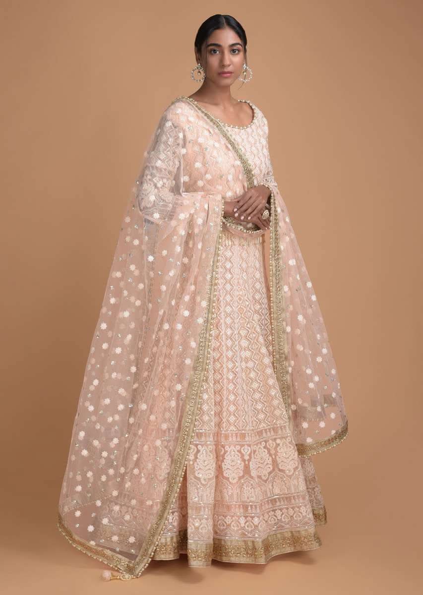 Powder Peach Lehenga Set In Lucknowi Thread Work And Embroidered Dupatta Online - Kalki Fashion