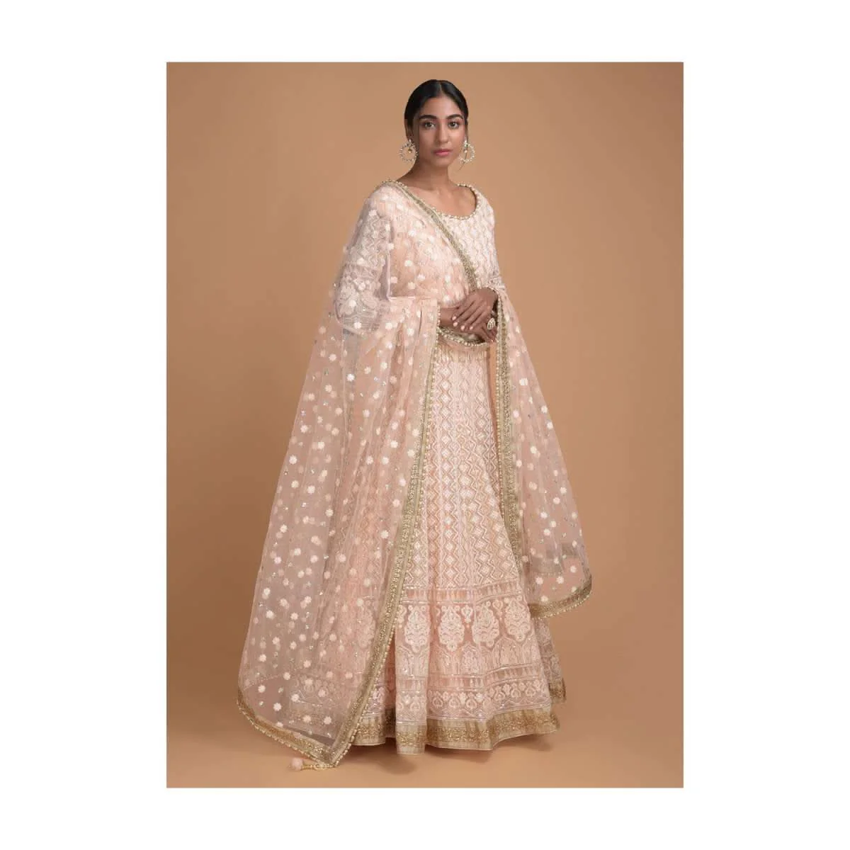 Powder Peach Lehenga Set In Lucknowi Thread Work And Embroidered Dupatta Online - Kalki Fashion - Image 2
