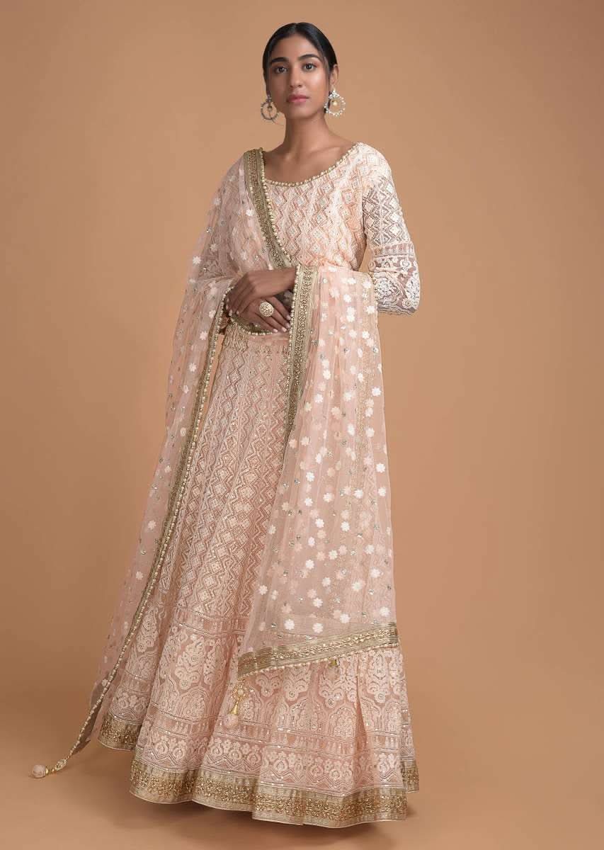 Powder Peach Lehenga Set In Lucknowi Thread Work And Embroidered Dupatta Online - Kalki Fashion - Image 4
