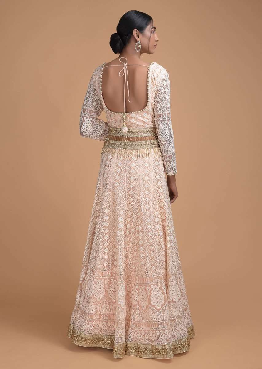 Powder Peach Lehenga Set In Lucknowi Thread Work And Embroidered Dupatta Online - Kalki Fashion - Image 5