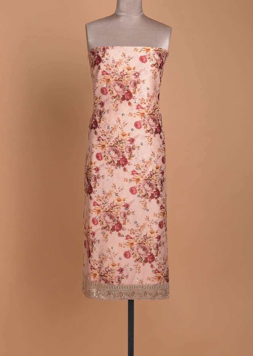 Powder Peach Unstitched Suit With Floral Print And Embellished Buttis - Image 2