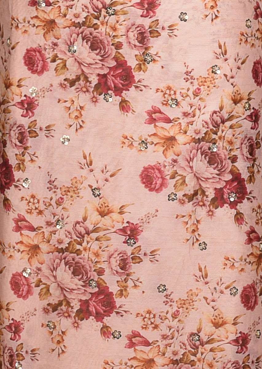 Powder Peach Unstitched Suit With Floral Print And Embellished Buttis - Image 3