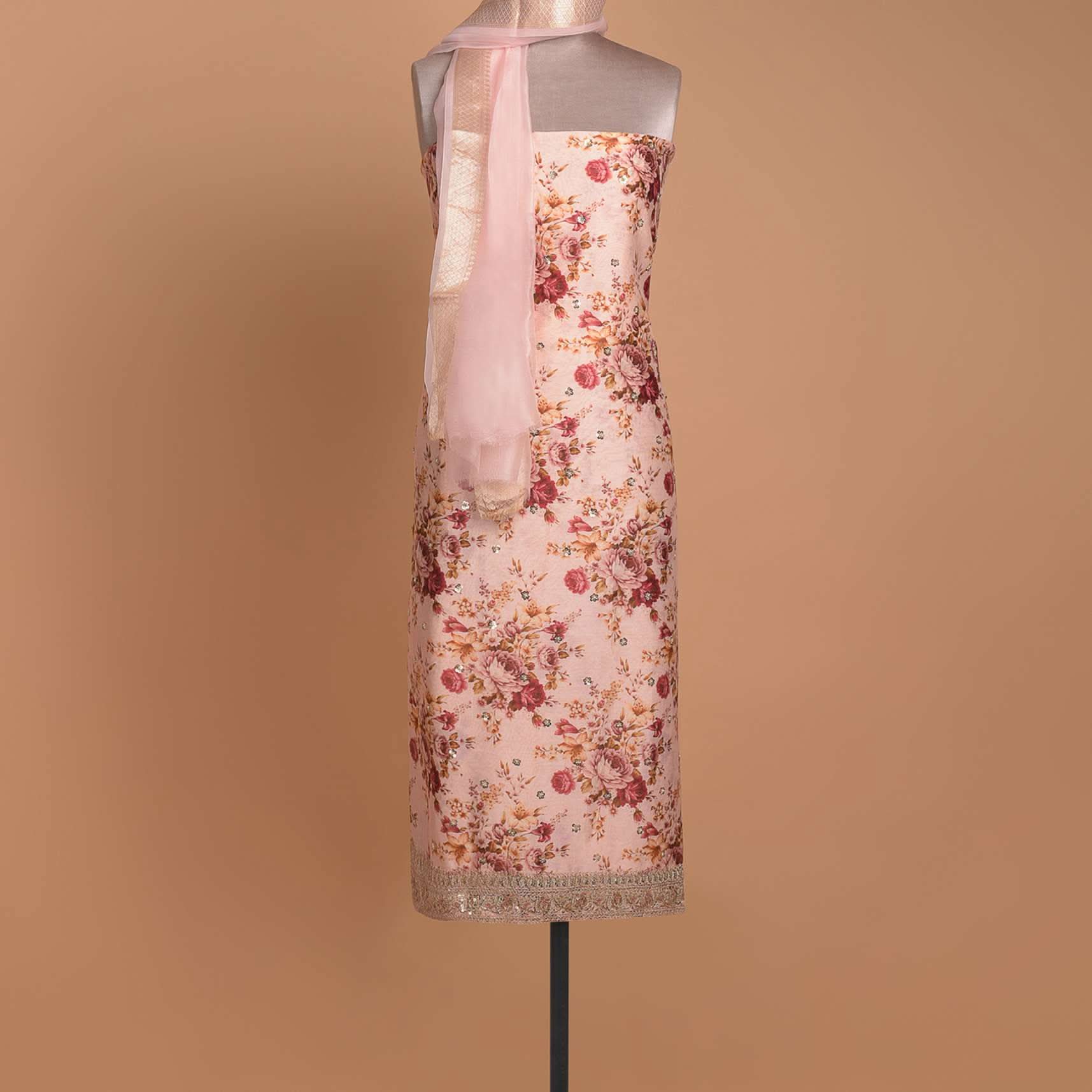 Powder Peach Unstitched Suit With Floral Print And Embellished Buttis - Image 5